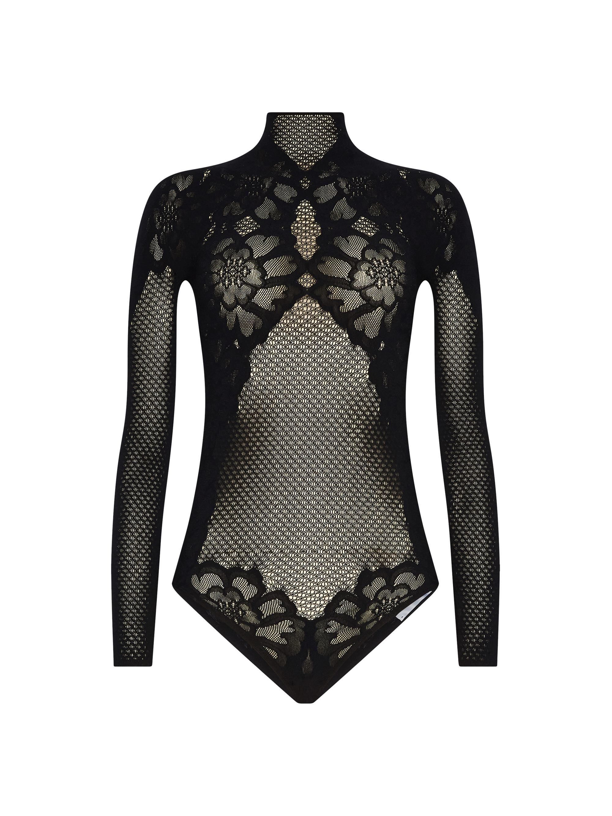 Wolford Women's Floral Lace Fishnet Mock-Turtleneck Bodysuit - Black