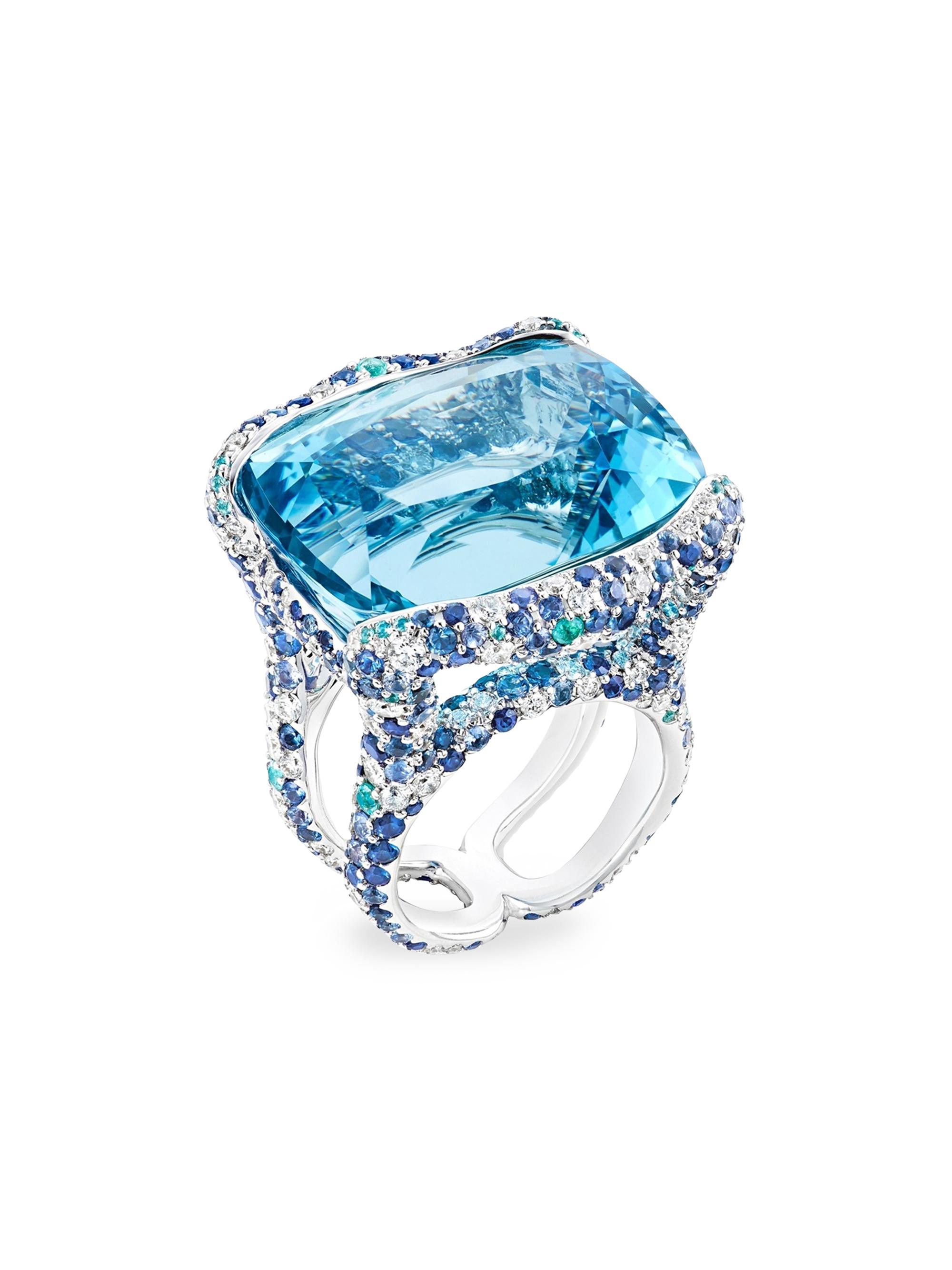 Fabergé Women's Emotion Katharina White Gold 39.7 tcw Aquamarine Ring with Diamonds & Blue Gemstones - Blue