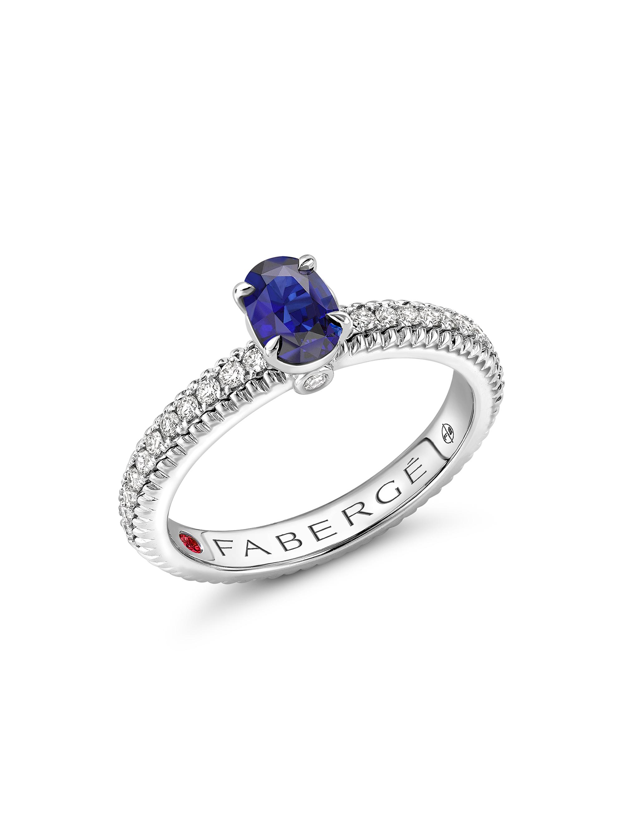 Fabergé Women's Colours of Love White Gold Blue Sapphire Fluted Ring with Diamond Shoulders - Blue