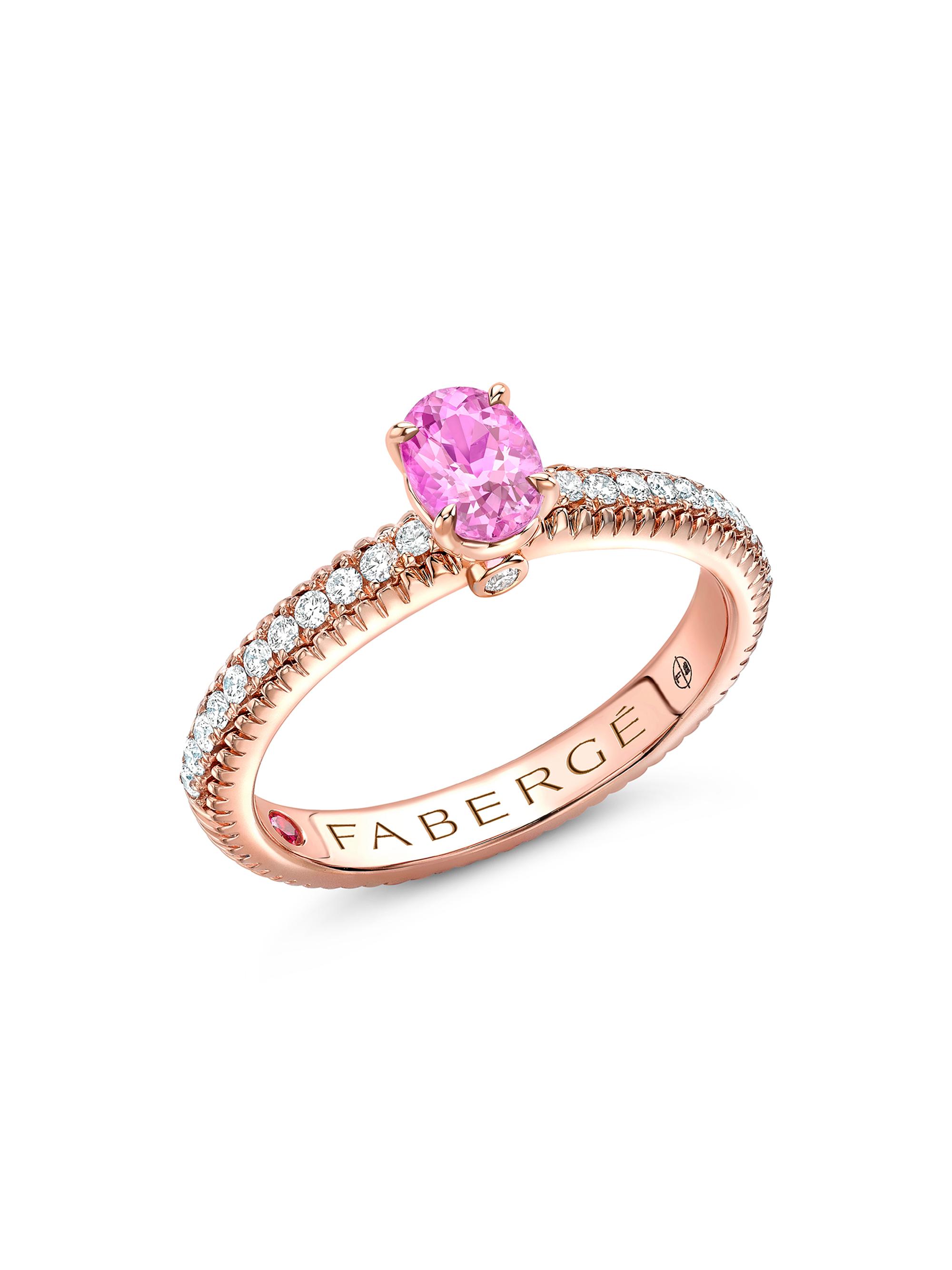 Fabergé Women's Colours of Love Rose Gold Pink Oval Sapphire Fluted Ring with Diamond Shoulders - Pink