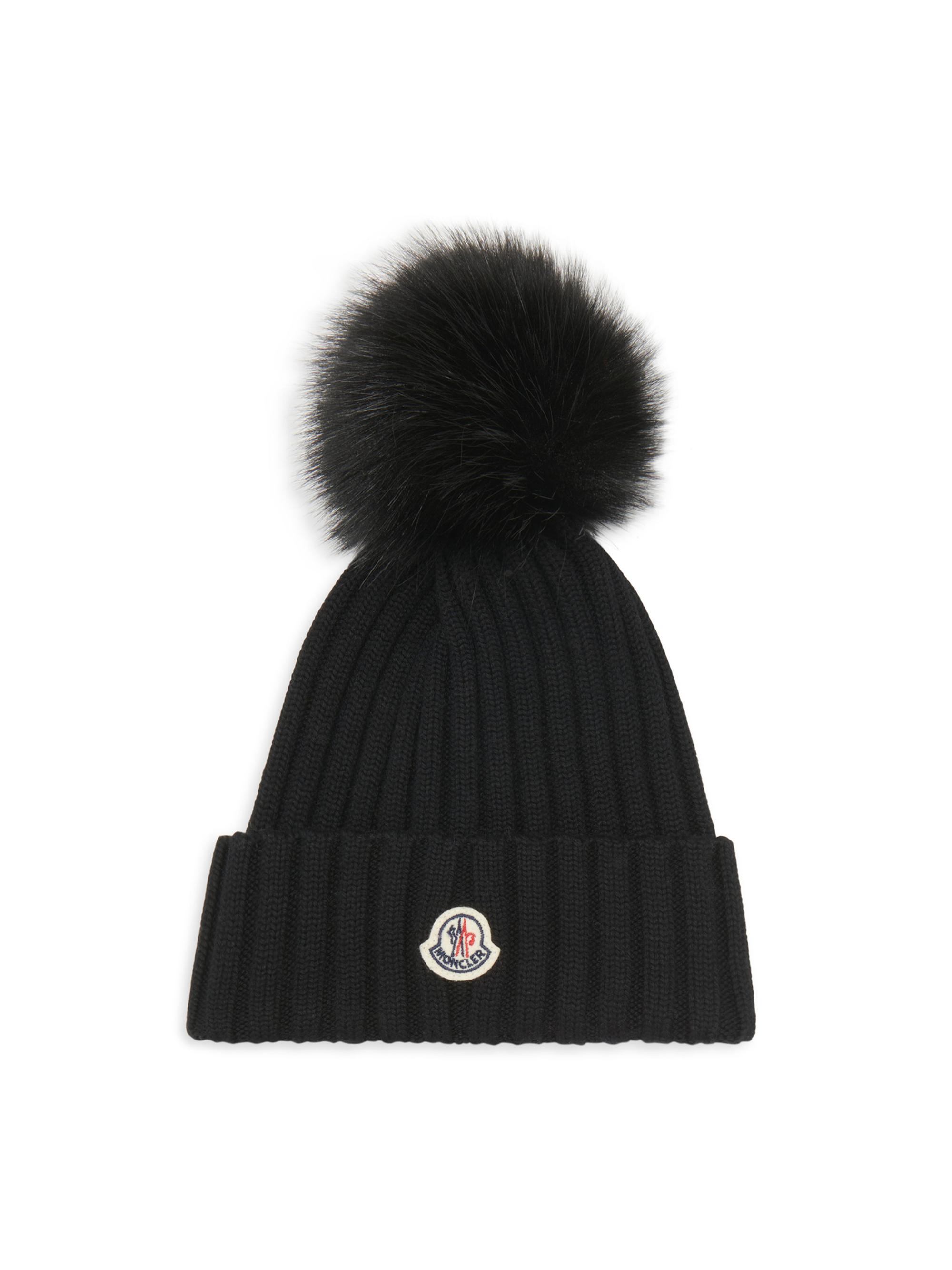 Moncler Women's Wool Beanie with Faux Fur Pom-Pom - Black