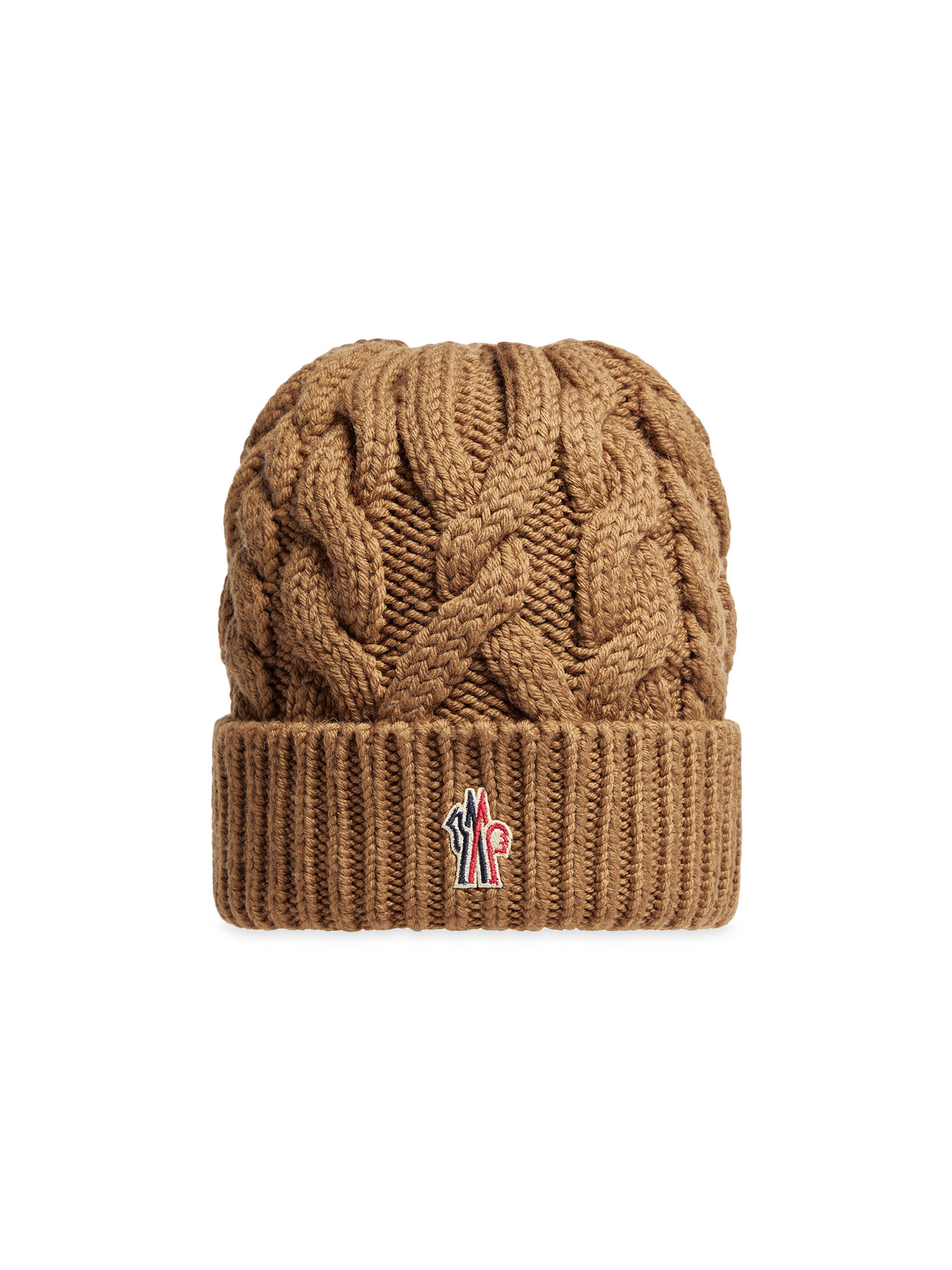 Moncler Grenoble Women's Wool Cable Knit Beanie with Logo Patch - Dusty Brown