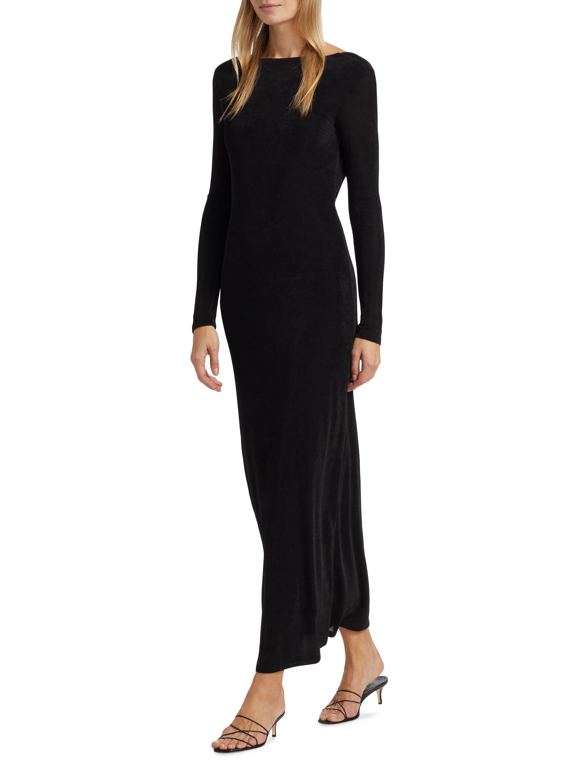 green emerald velvet dress Black Long Sleeve Square Neck Ruched Double Slit Maxi Dress Small main image 1