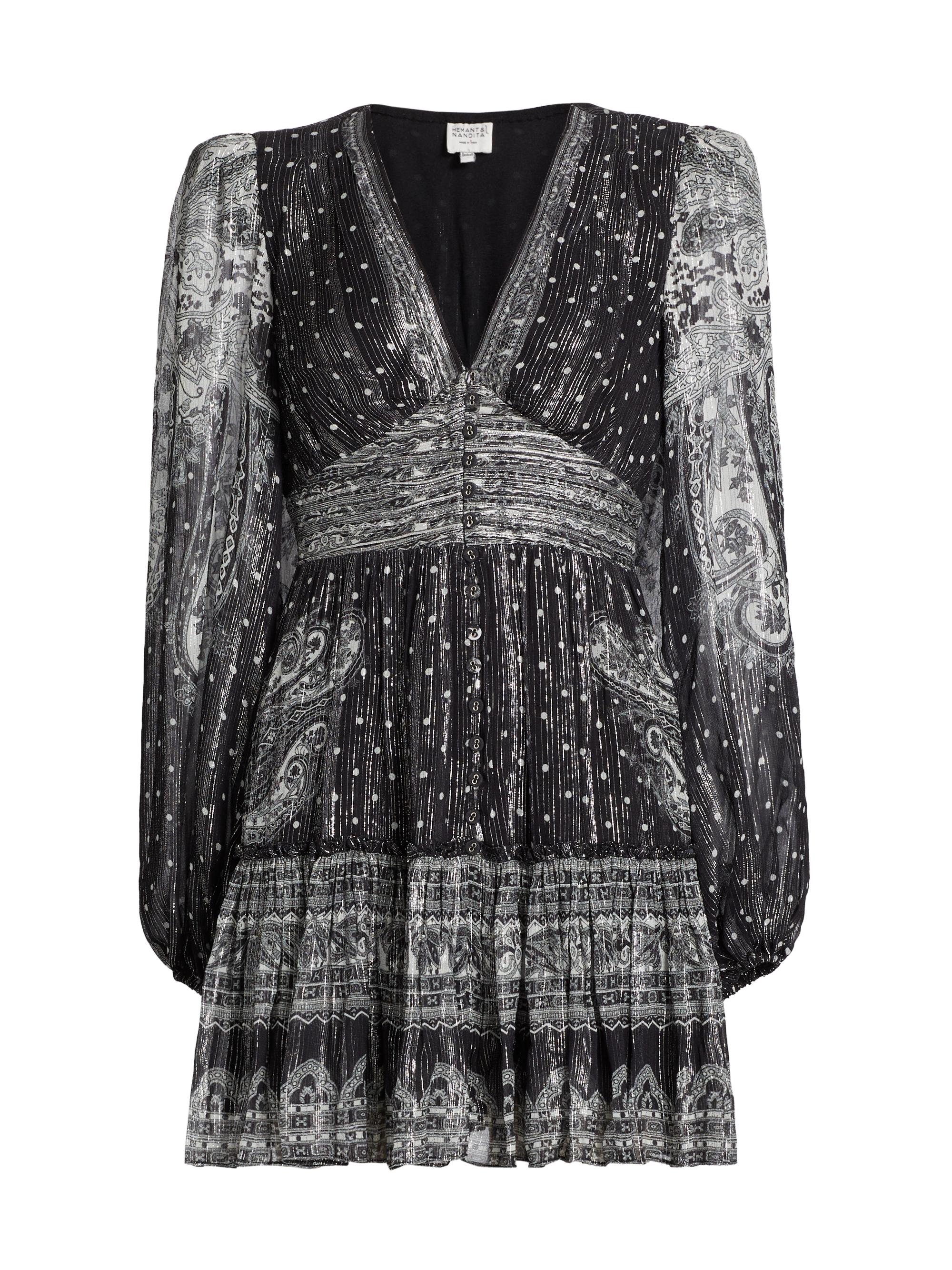 Hemant & Nandita Women's Viri Metallic Paisley V-Neck Minidress - Black White