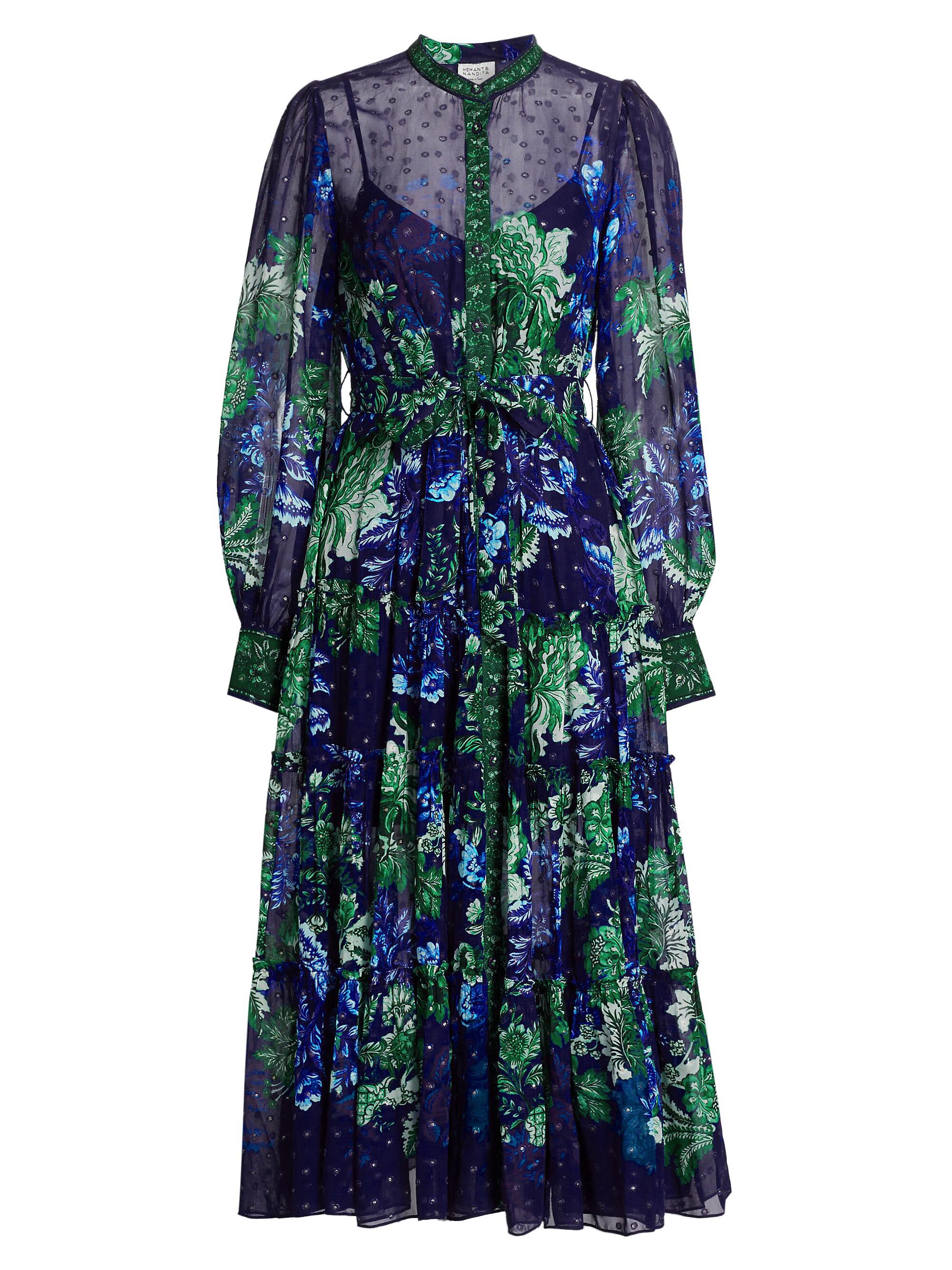 Hemant & Nandita Women's Keva Floral Tie-Waist Midi-Dress - Green Blue