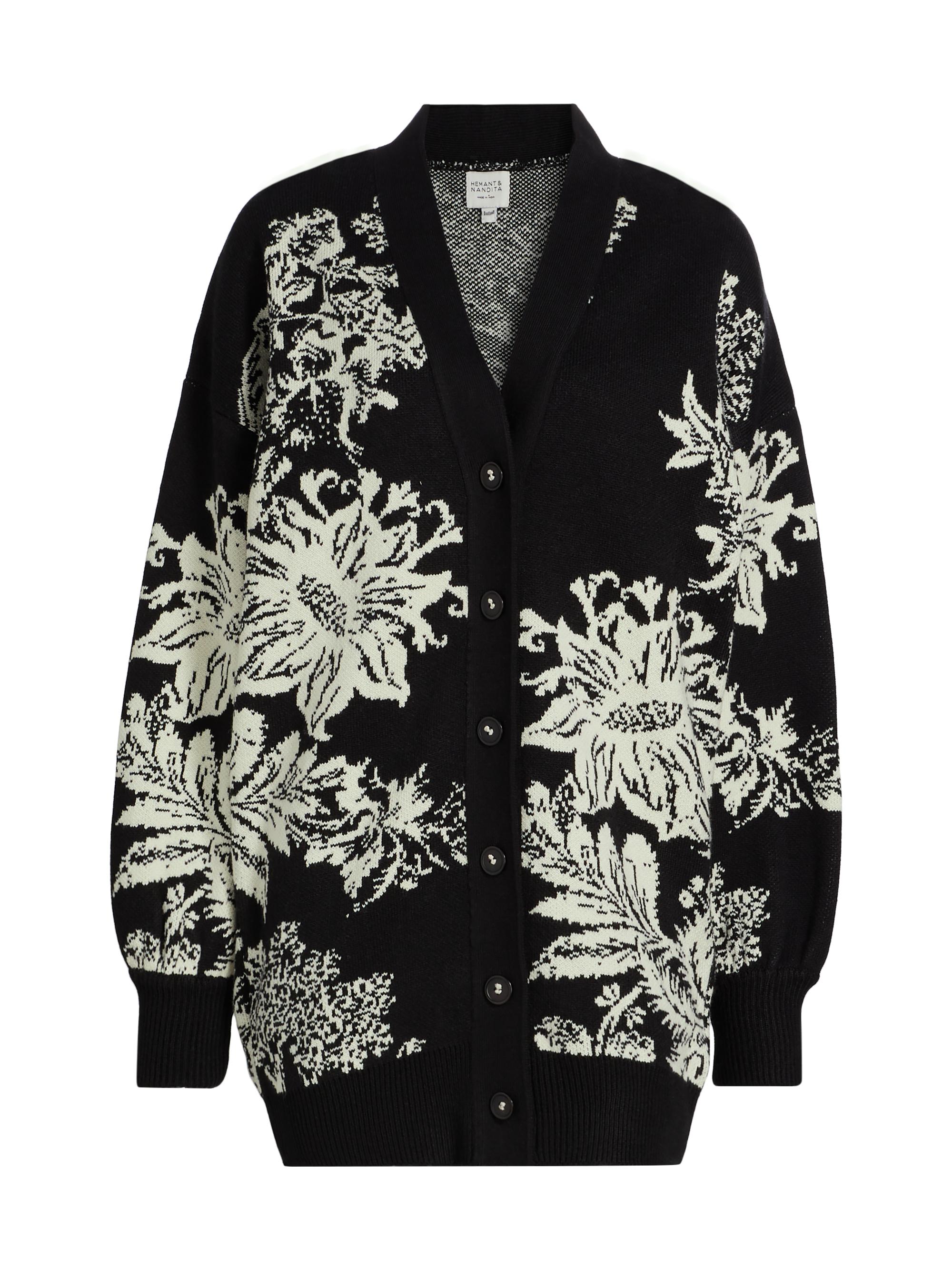 Hemant & Nandita Women's Dea Floral Intarsia-Knit Cardigan - Black White