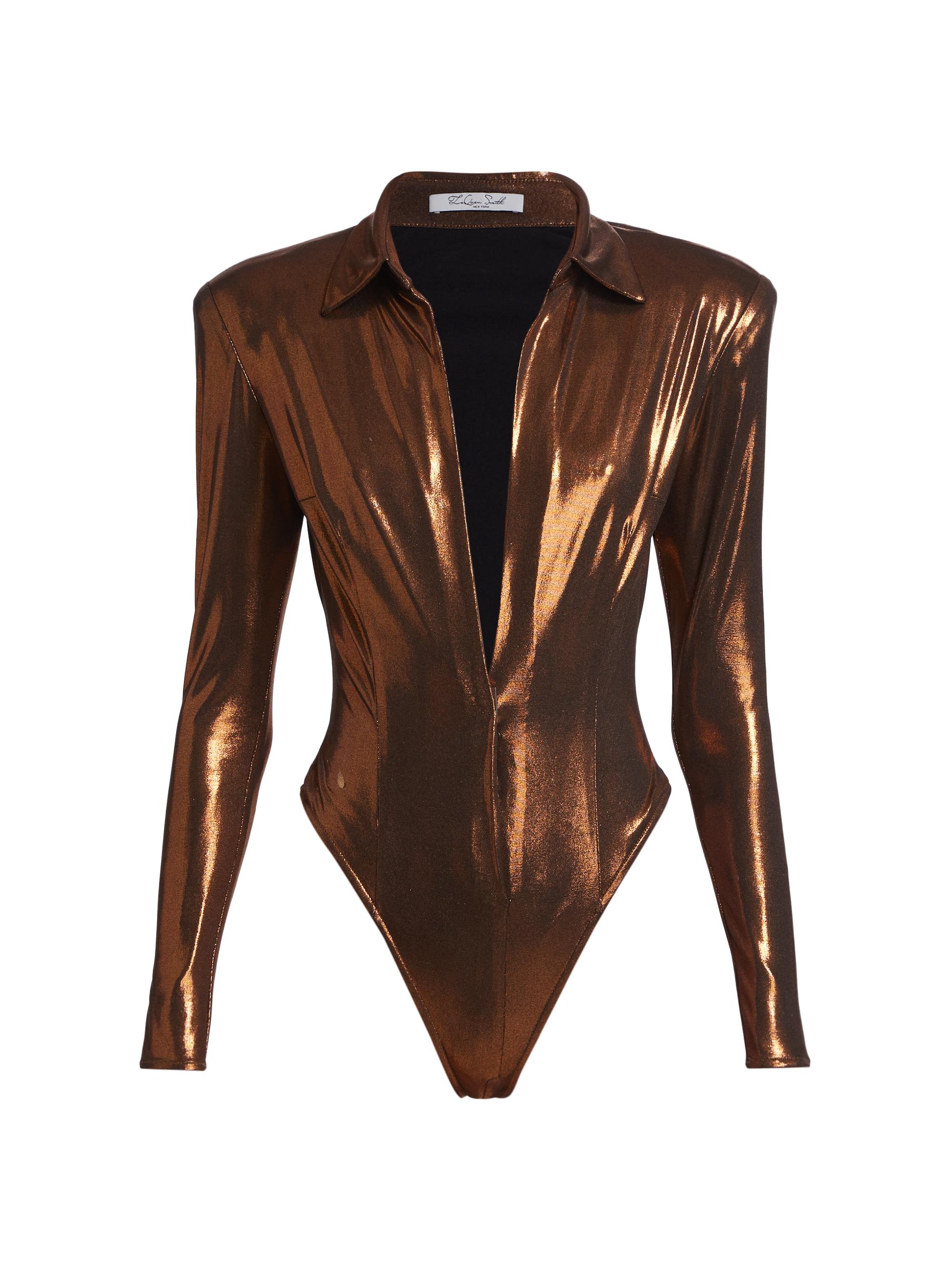 LaQuan Smith Women's Metallic Shrunken Blouse Bodysuit - Copper