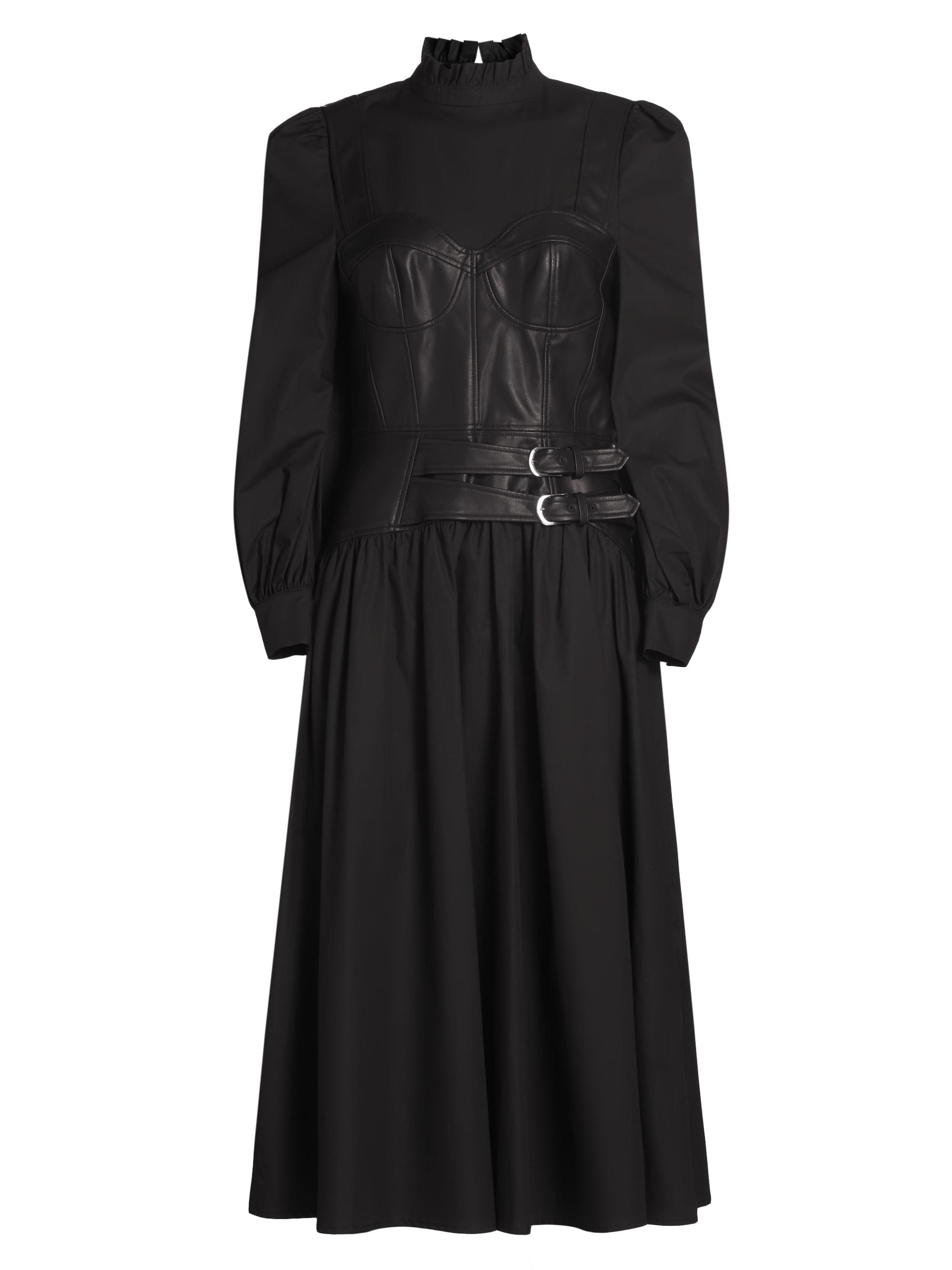 Marchesa Rosa Women's Mix Media Cotton & Faux Leather Midi-Dress - Black