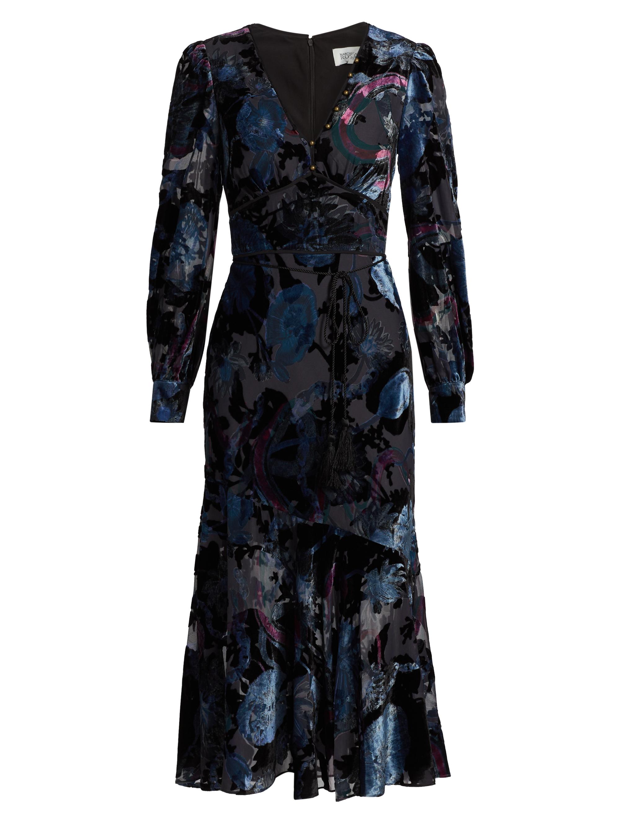 Marchesa Rosa Women's Velvet Burnout V-Neck Midi-Dress - Blue Multi Black