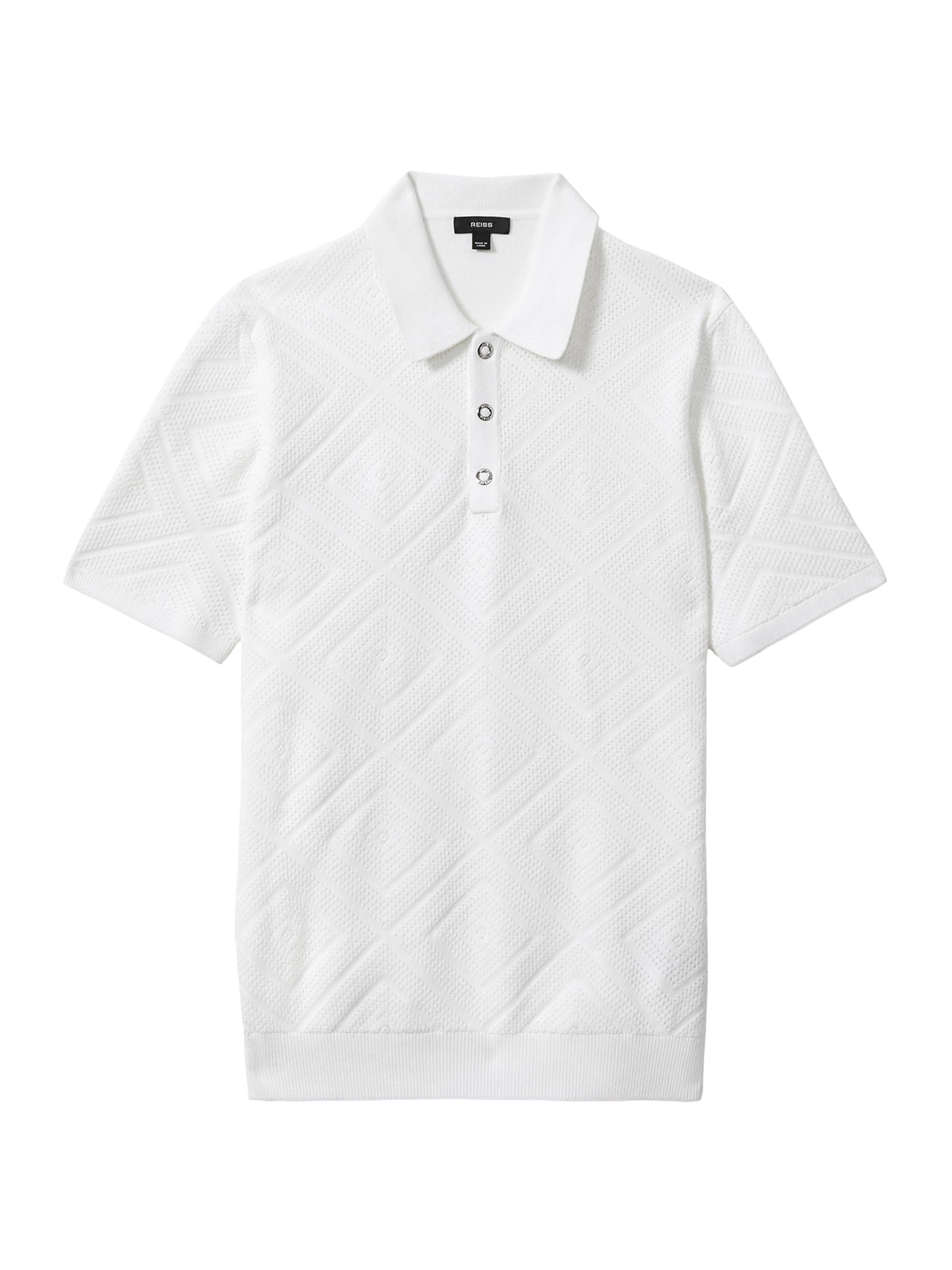 Reiss Men's Lupton Geometric Open-Knit Short-Sleeve Polo Sweater - Optic White