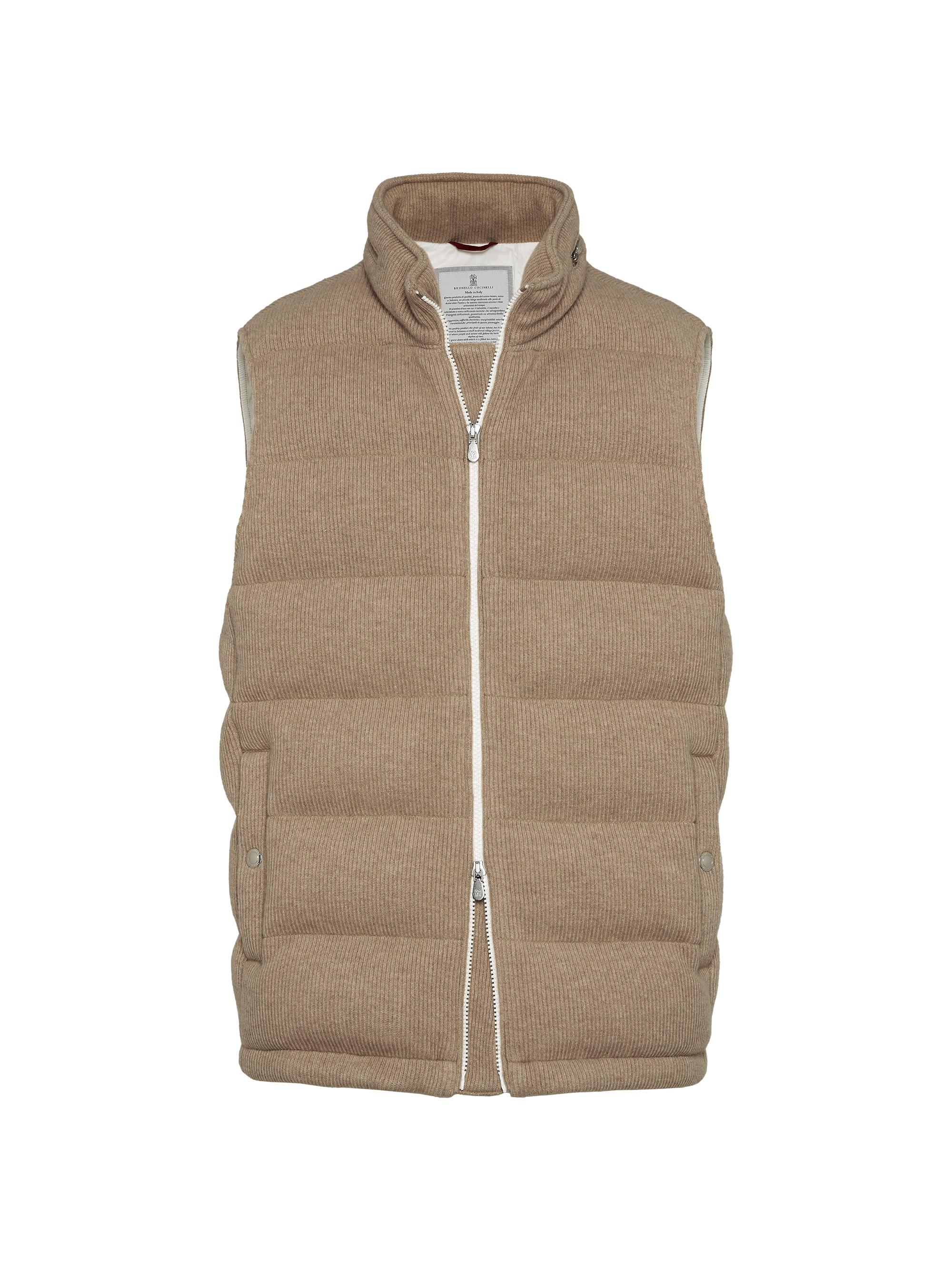 Brunello Cucinelli Men's Cashmere English Rib Knit Down Vest with Packable Hood - Sand