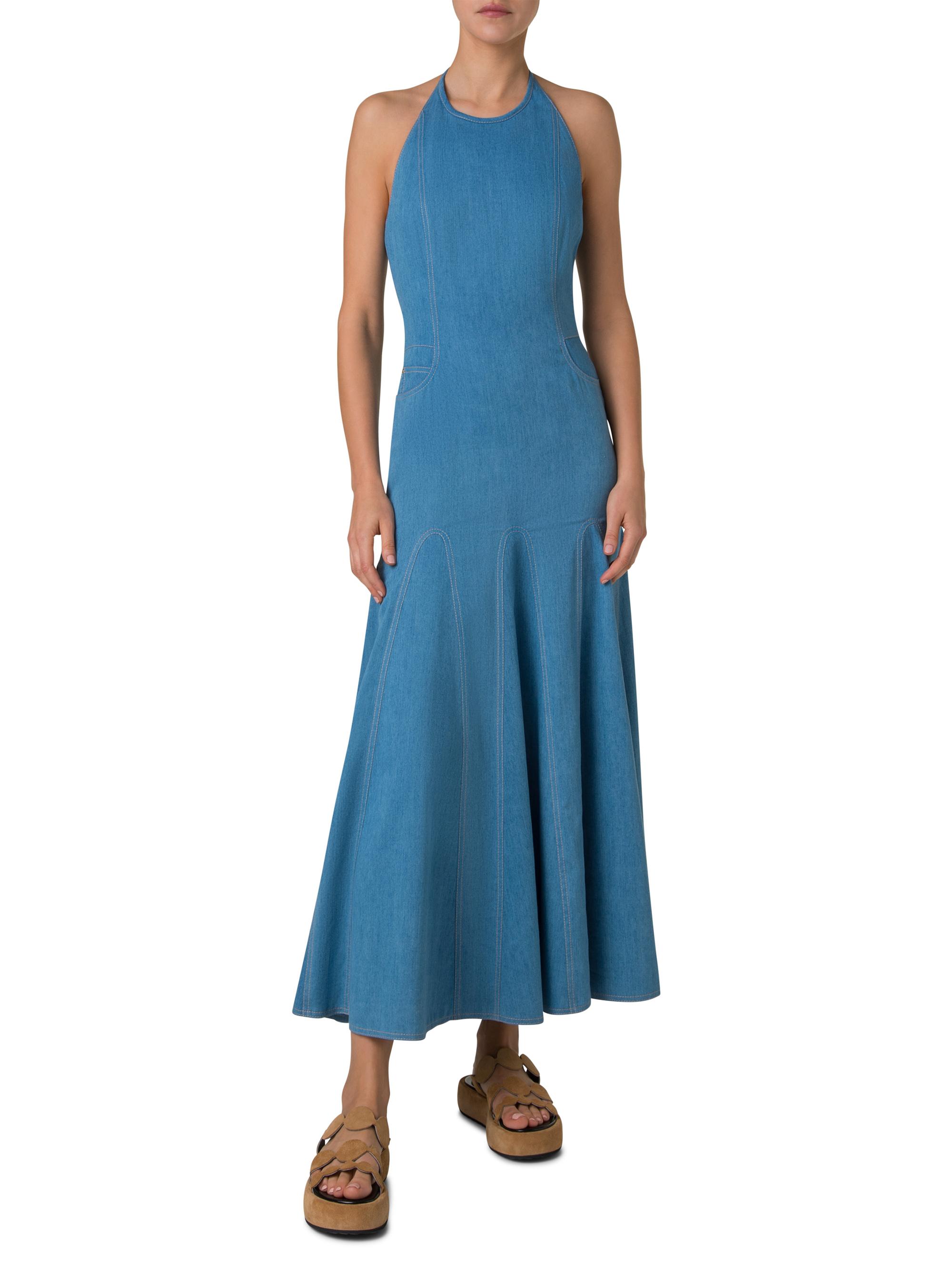 Akris punto Halter Denim Godet-Skirt Midi-Dress - Medium Blue ...