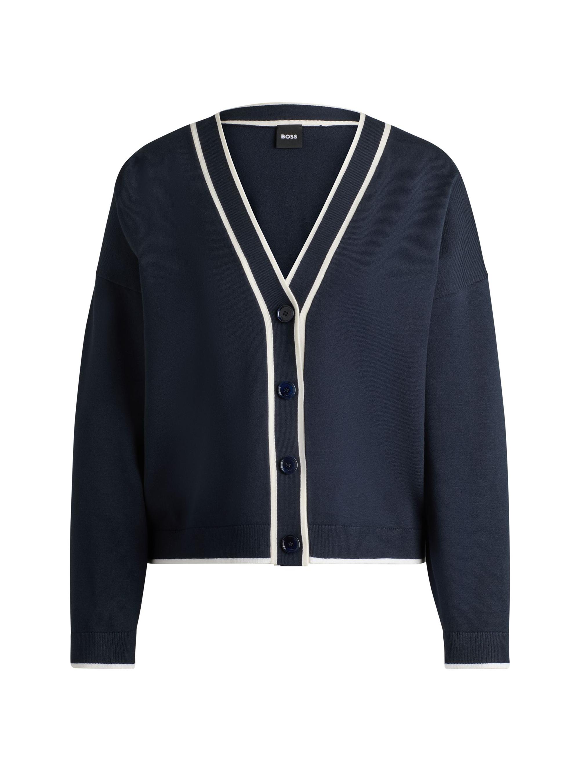 BOSS Women's V-Neck Cardigan in Stretch Fabric - Dark Blue