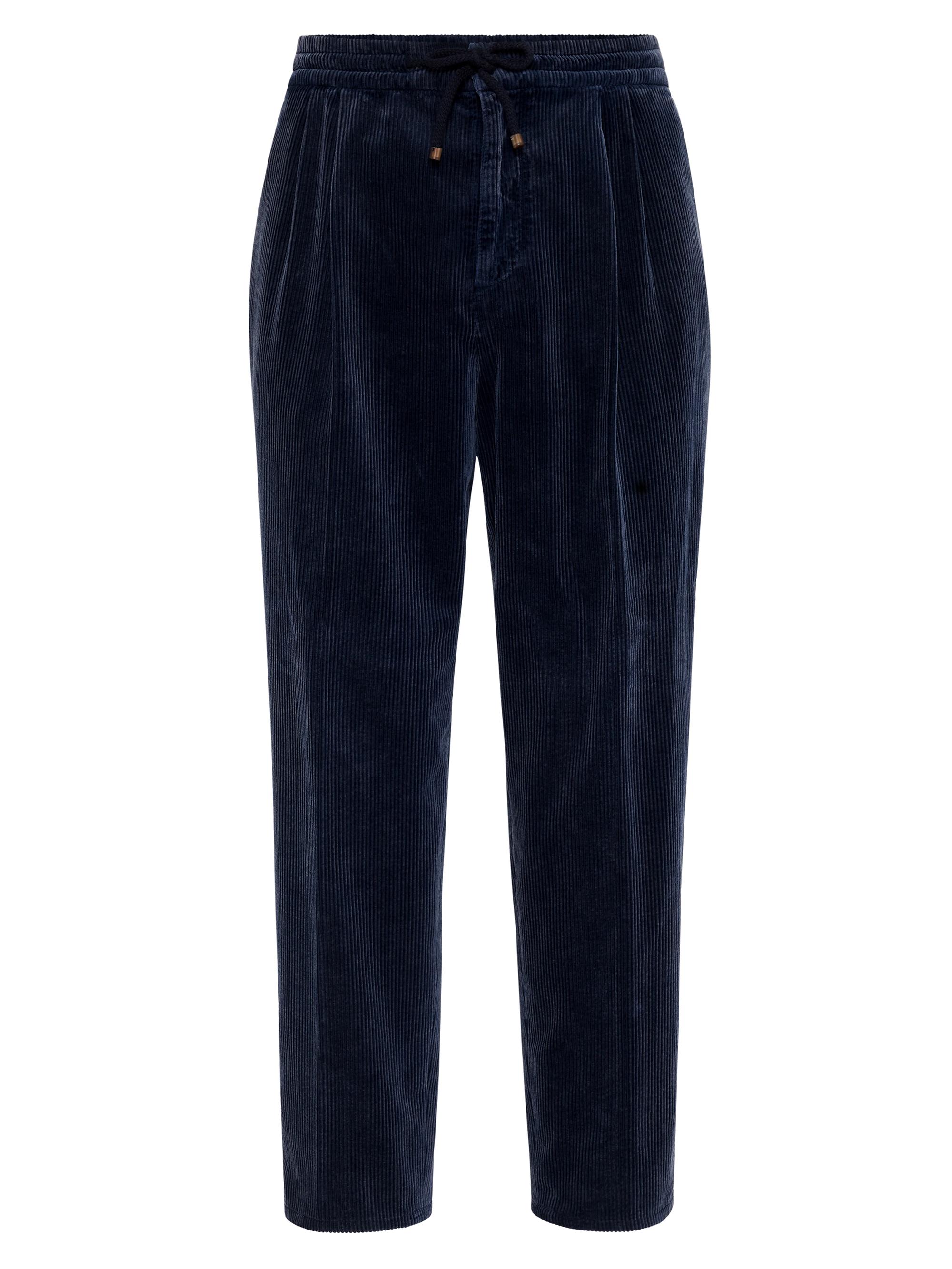 Brunello Cucinelli Men's Garment Dyed Leisure Fit Trousers in Cotton Corduroy - Navy Blue