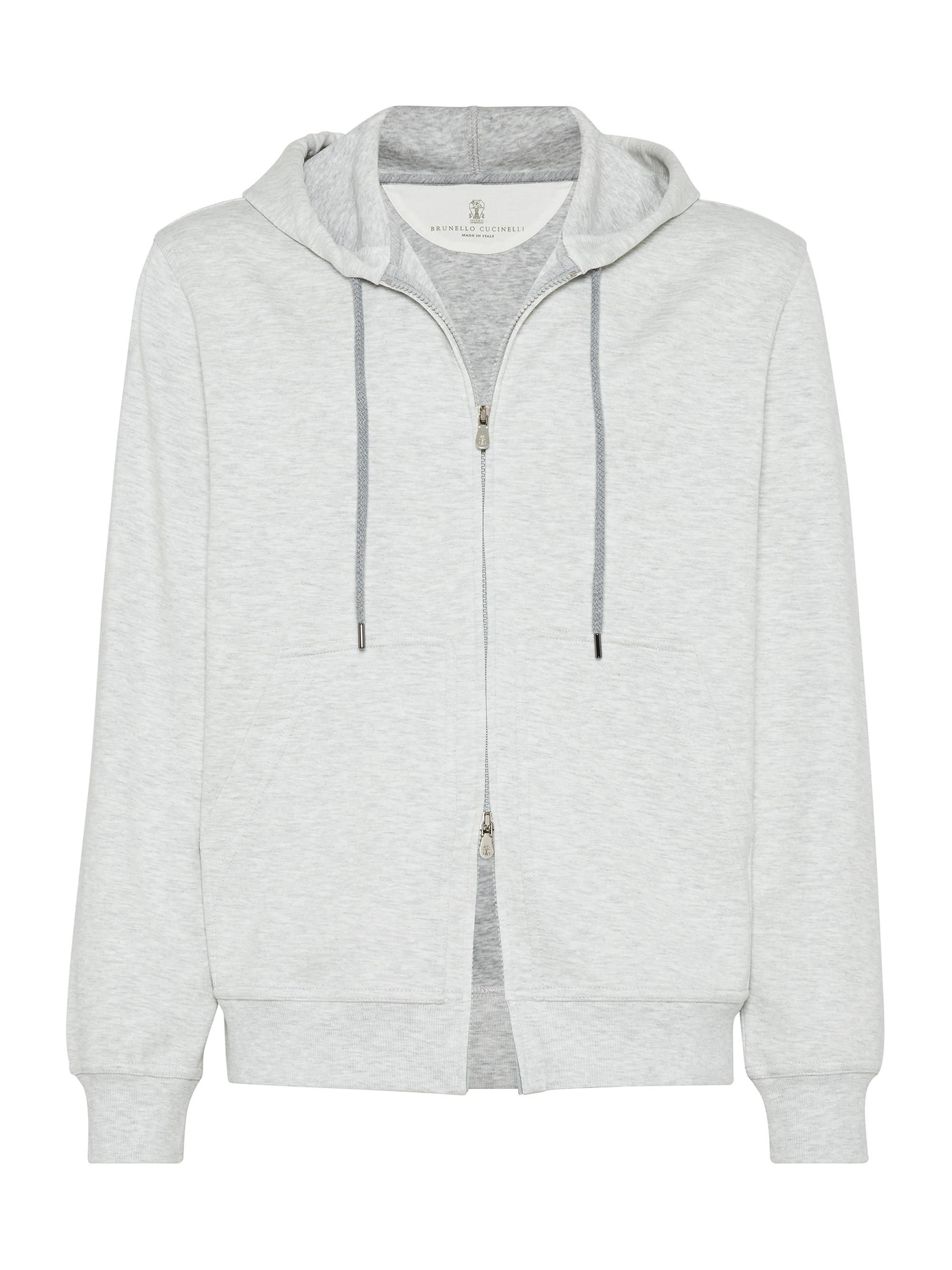 Brunello Cucinelli Men's French Terry Double Cloth Hooded Sweatshirt with Zipper - Pearl Grey