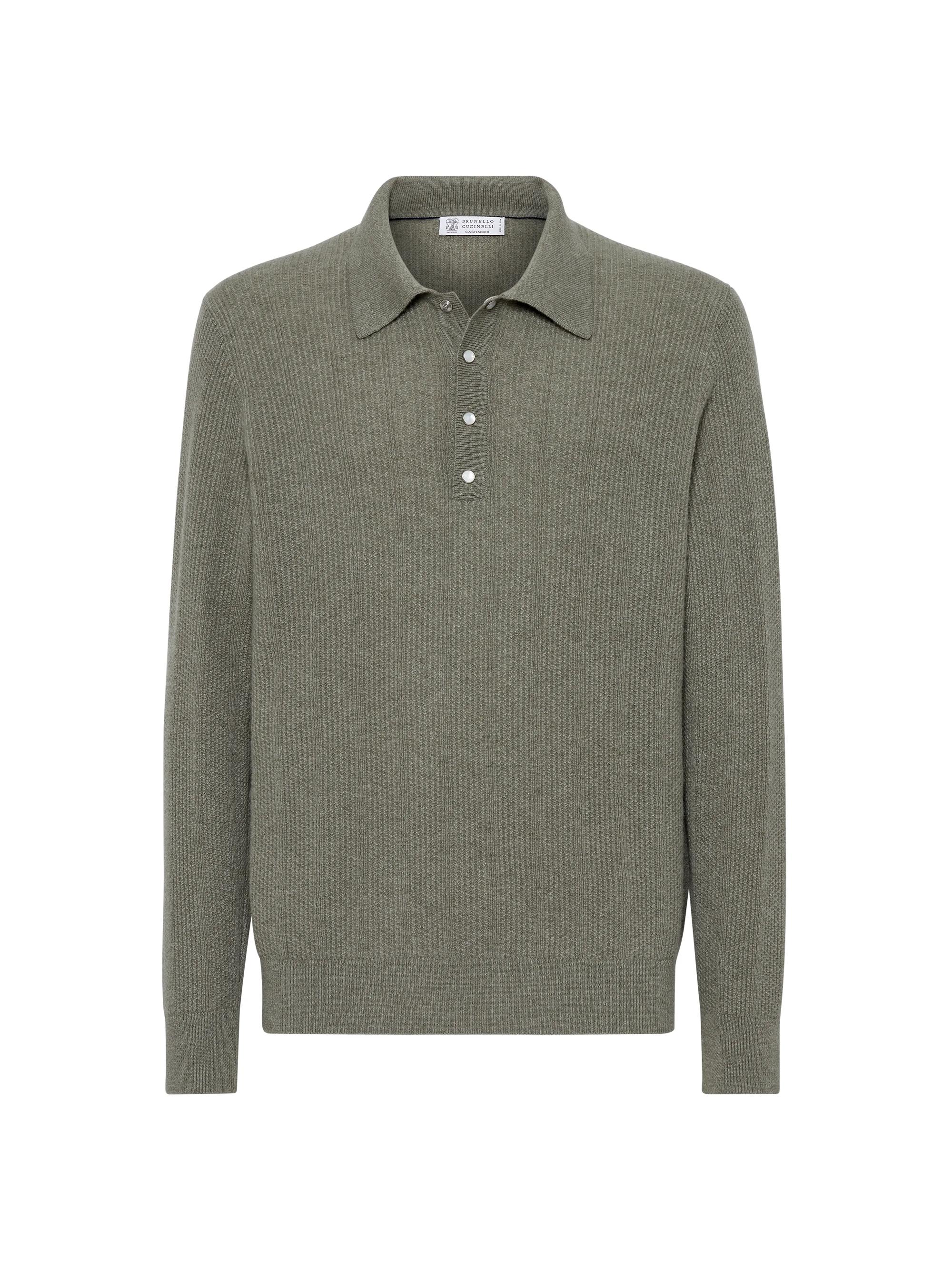 Brunello Cucinelli Men's Cashmere Textured Rib Knit Polo with Long Sleeves - Olive