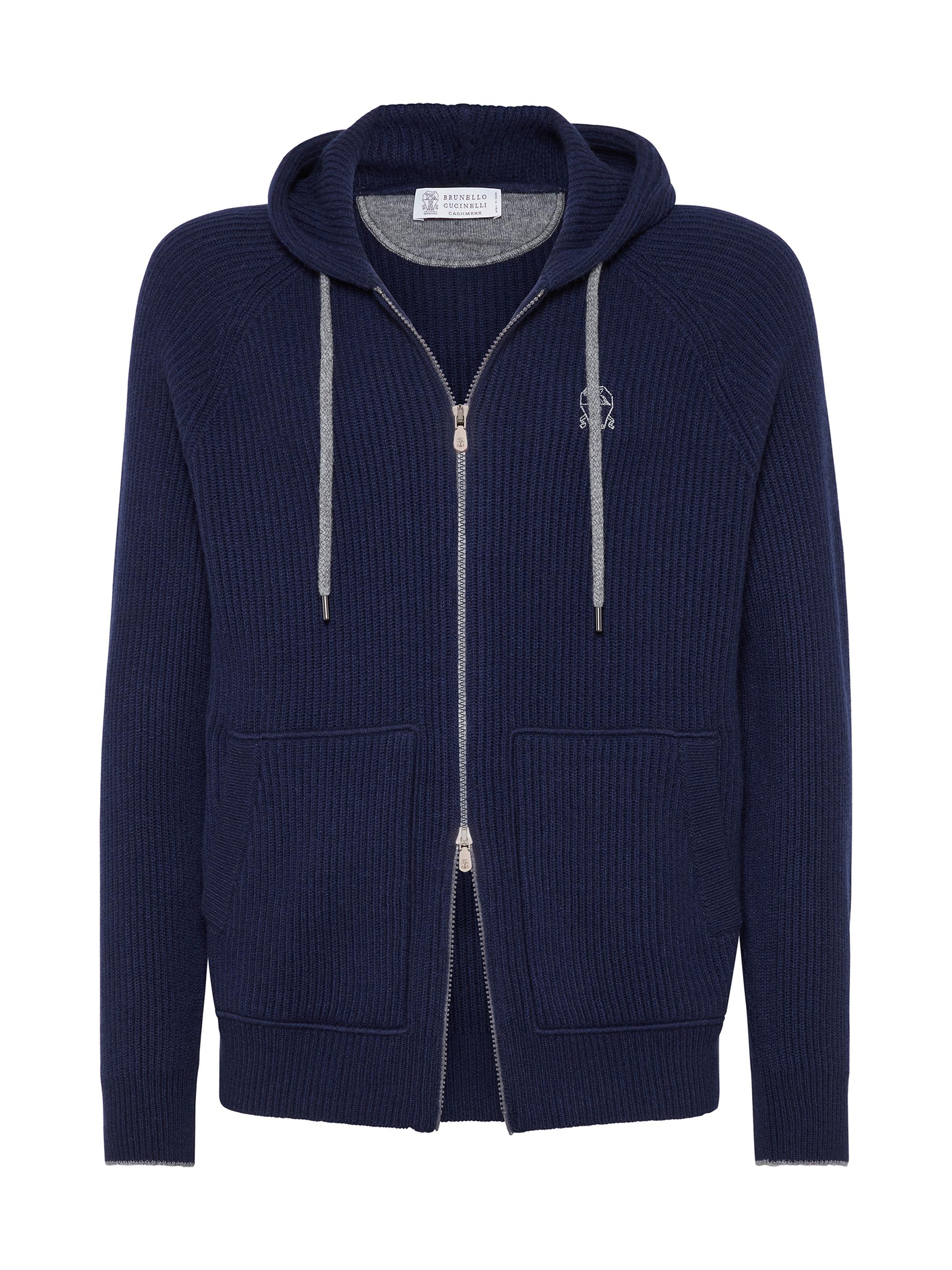 Brunello Cucinelli Men's Cashmere English Rib Knit Sweatshirt with Hood - Marine