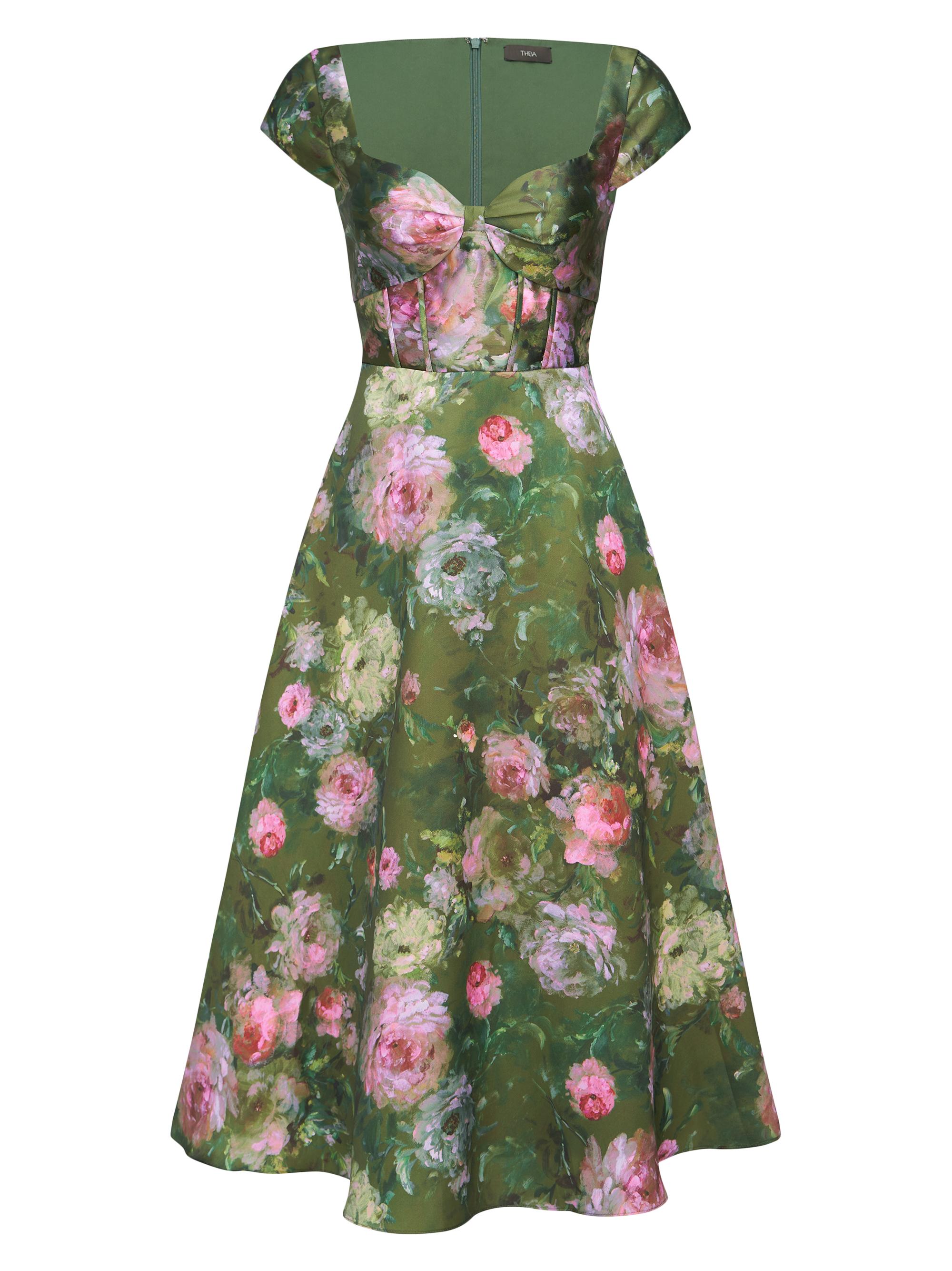 knee length dresses for ladies Theia Marisol Midi Day Dress in Botanic Twilight