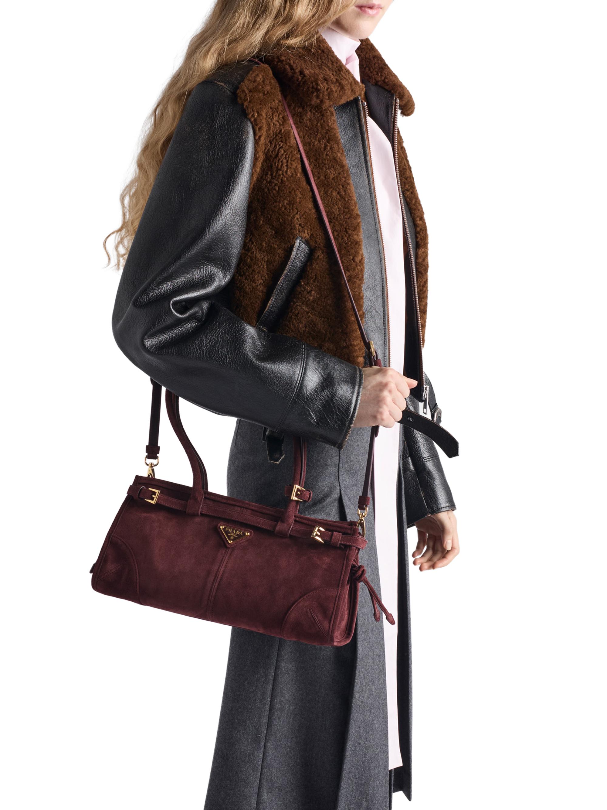 Prada Women's Bonnie  Suede Top Handle Bag - Dark Red