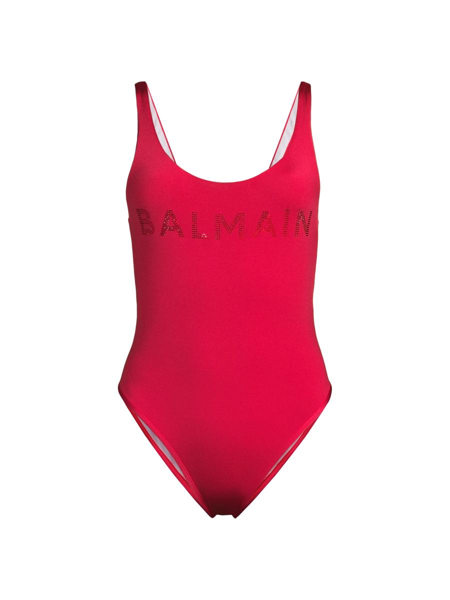 Balmain Strass Tone-on-Tone Logo One-Piece Swimsuit | Saks