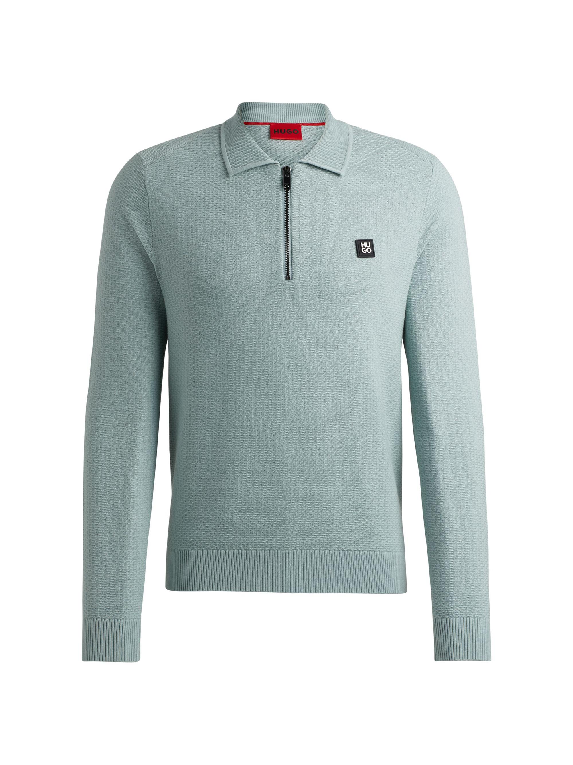 HUGO Men's Zip-Neck Knit Polo with Stacked Logo - Light Green