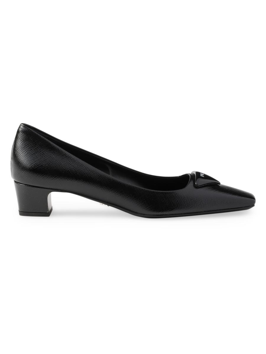 【K】PRADA Leather Low Heels Prada Black Patent Leather Low Heel Pumps Shoes w Silver