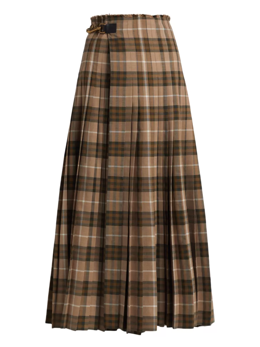 Check Wool Cashmere Scarf Skirt in Currant - Women