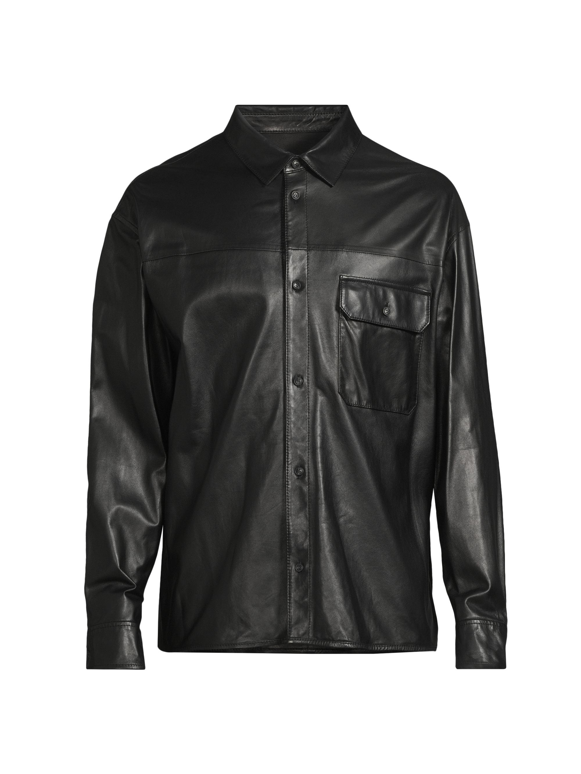 Emporio Armani Men's Leather Slim-Fit Long-Sleeve Shirt - Black
