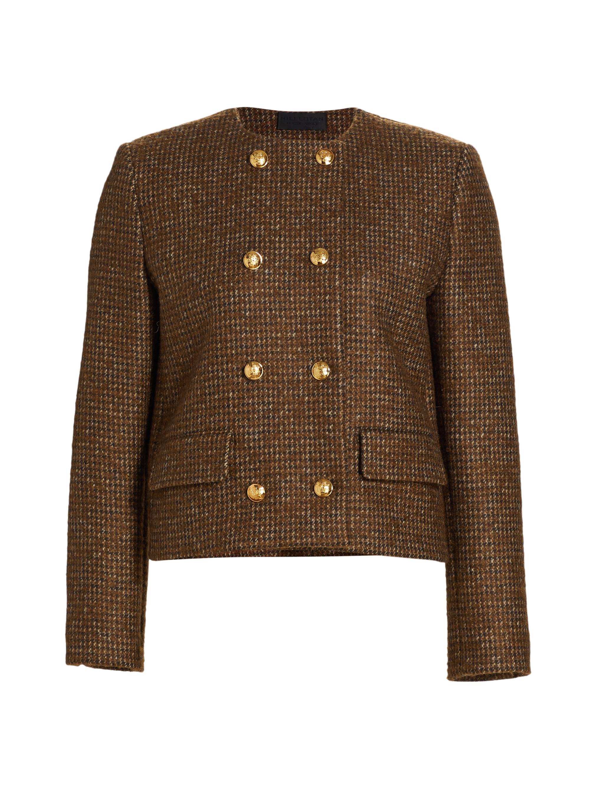 Nili Lotan Women's Melanie Houndstooth Wool Crop Jacket - Saddle Check