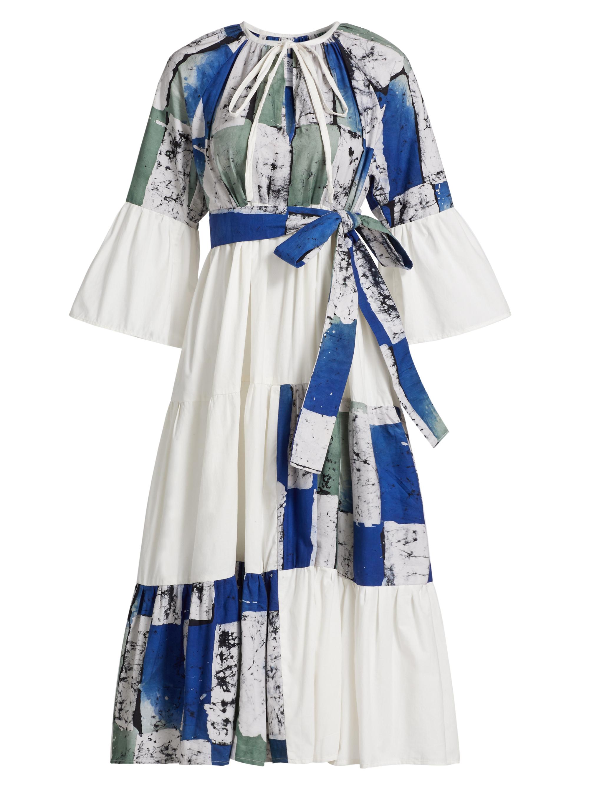 Busayo Women's Geometric Print Cotton Midi-Dress - White Blue