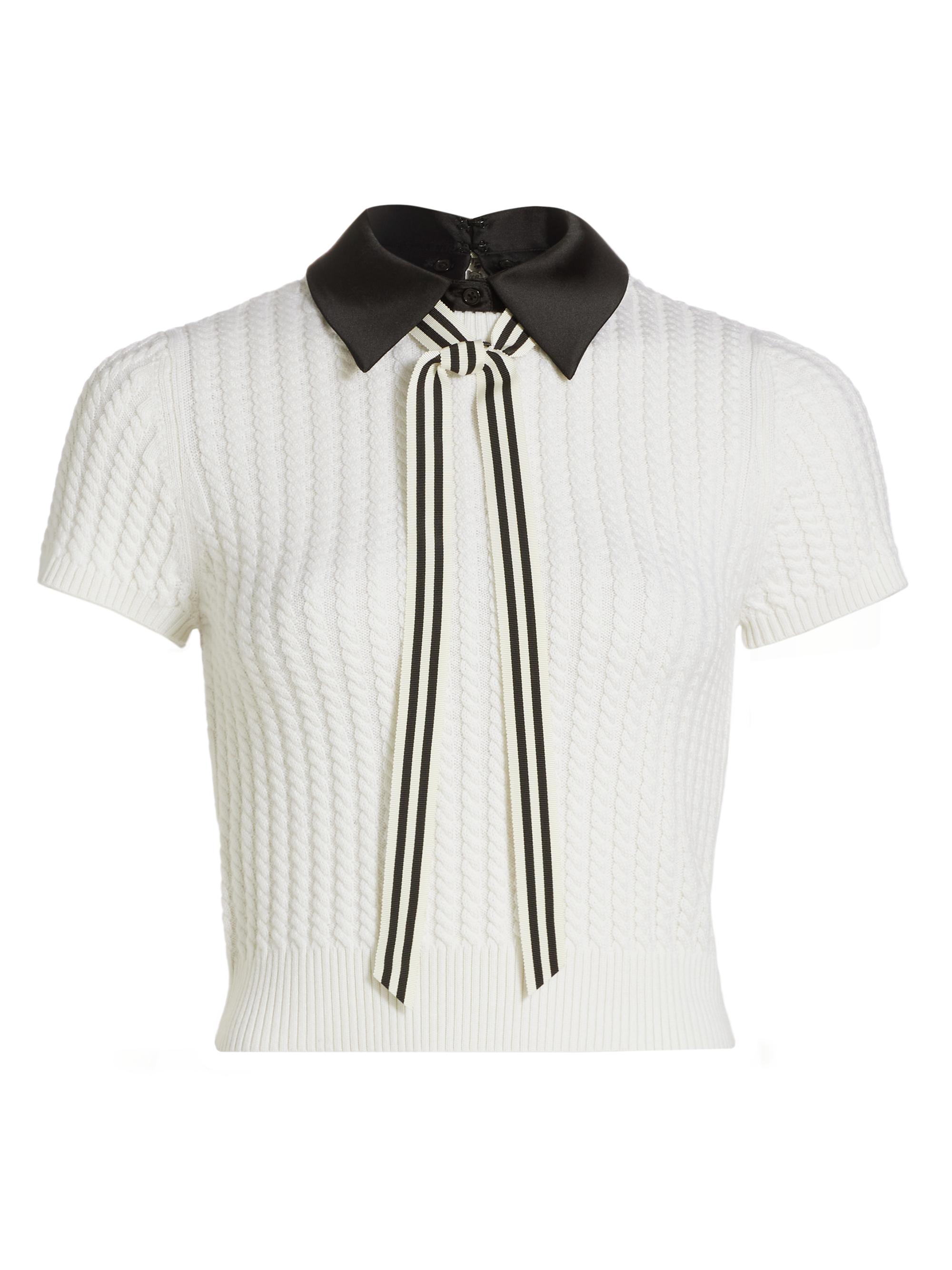 Alice + Olivia Abbott Wool Cable-Knit Short-Sleeve Sweater