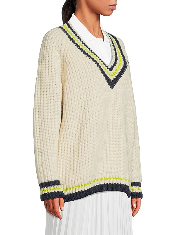 Shop Lacoste Stripe-Trim Wool V-Neck Sweater | Saks Fifth Avenue Shop Lacoste Stripe-Trim Wool V-Neck Sweater | Saks Fifth Avenue