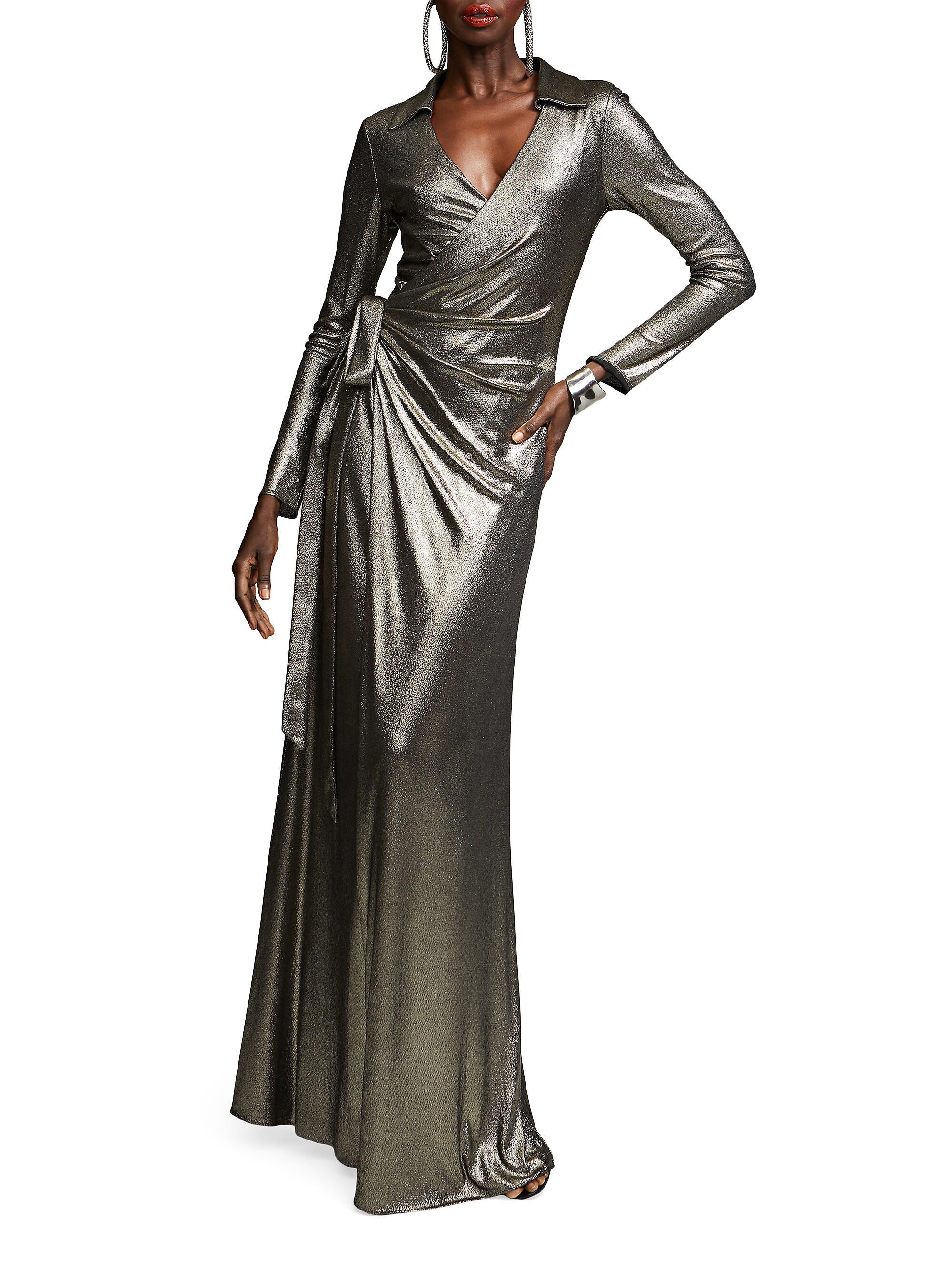 Halston Women's Jira Metallic Jersey Wrap Gown - Light Gold