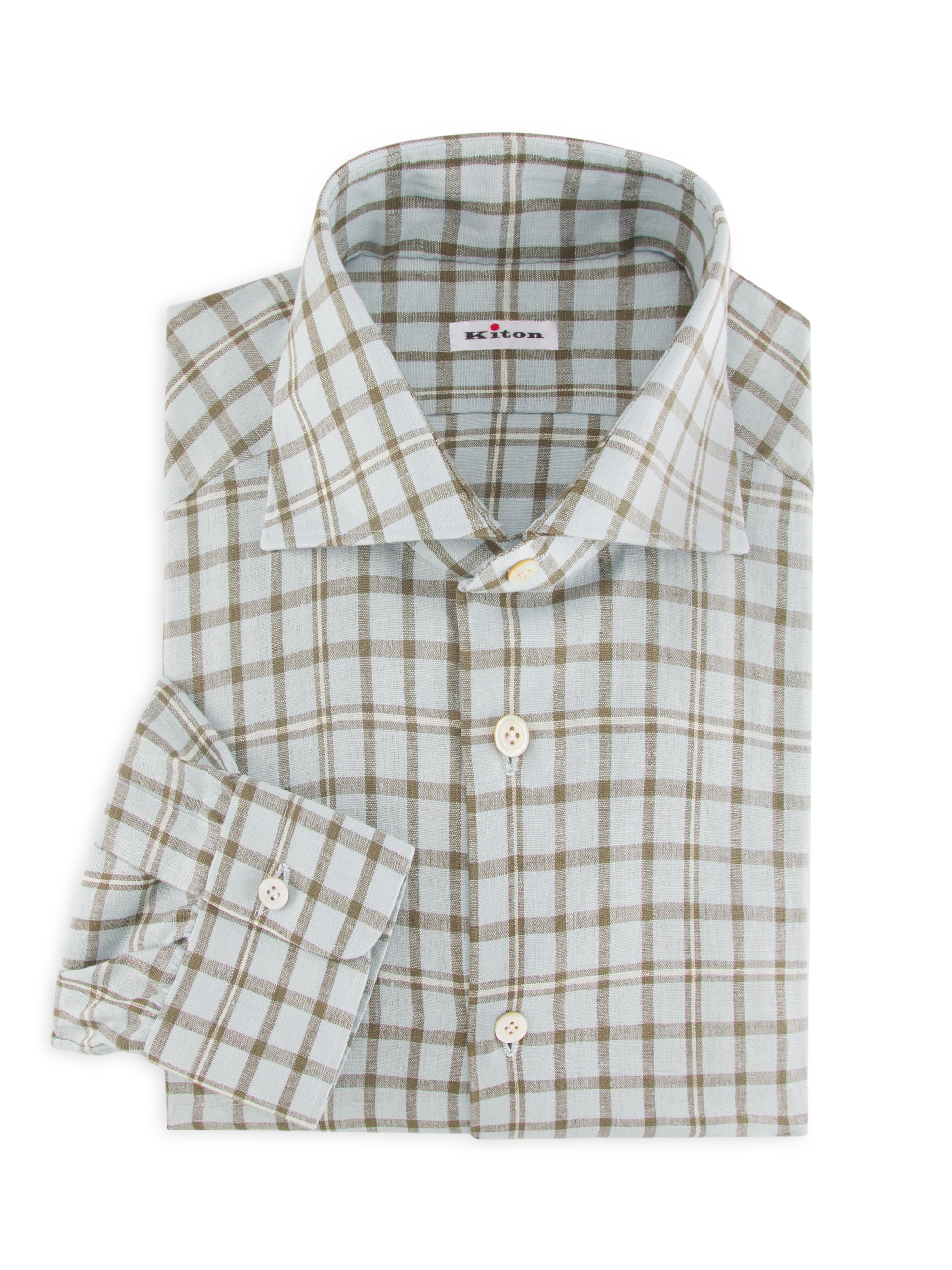 Kiton Men's Check Linen-Blend Shirt - Sky Blue