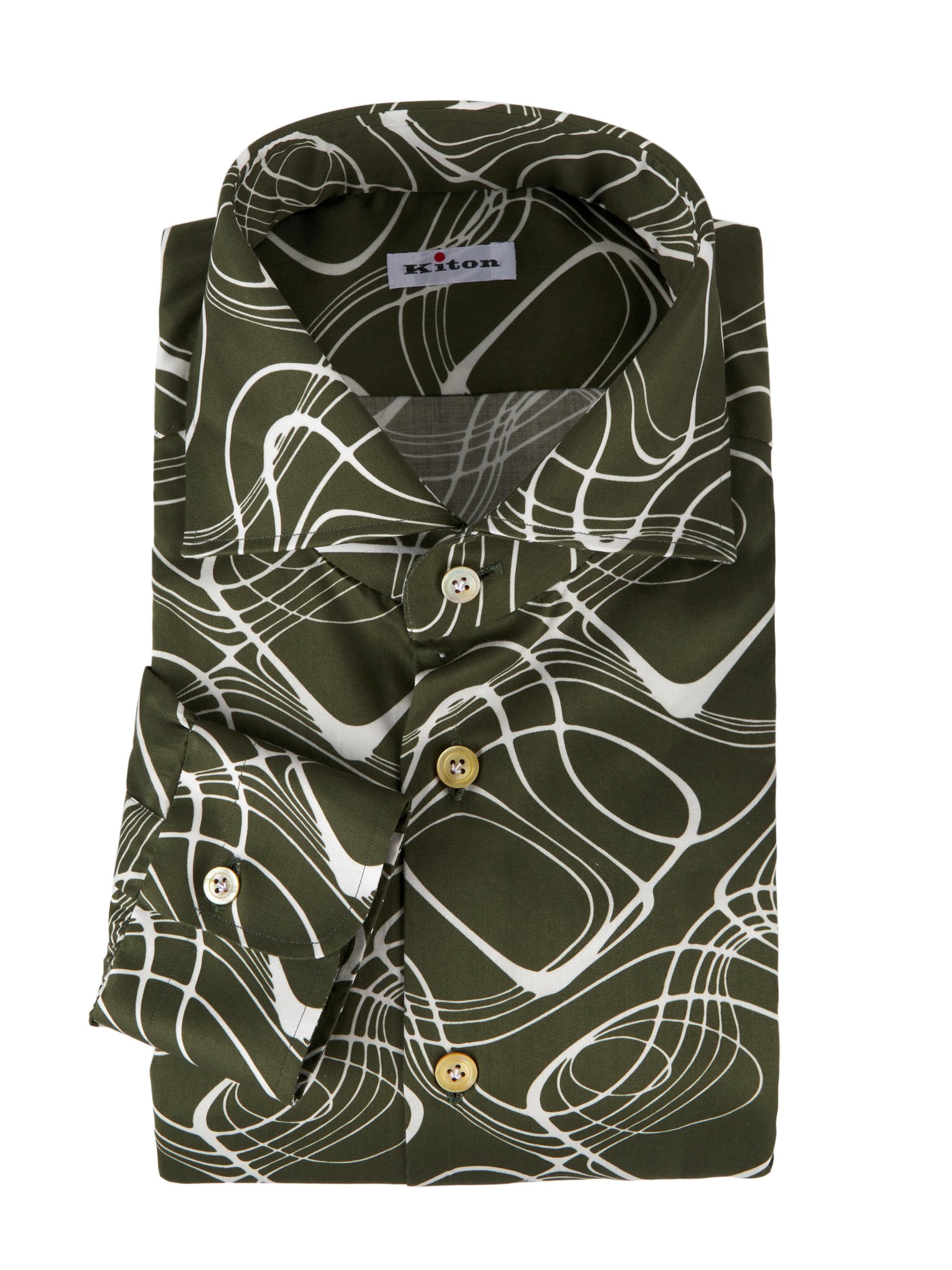 Kiton Men's Wavy Lines Button-Up Shirt - Dark Green