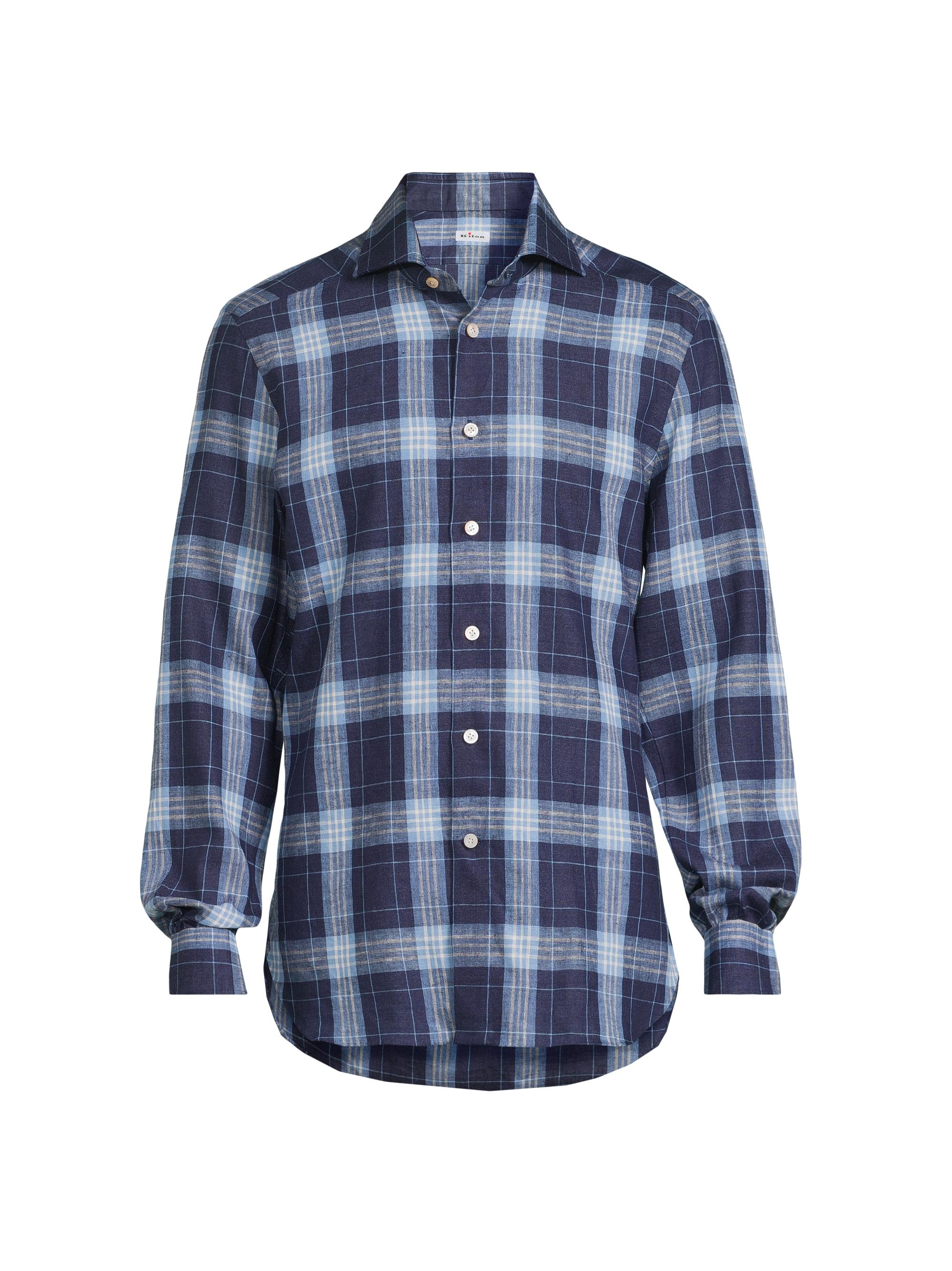 Kiton Men's Large Plaid Linen-Blend Shirt - Blue