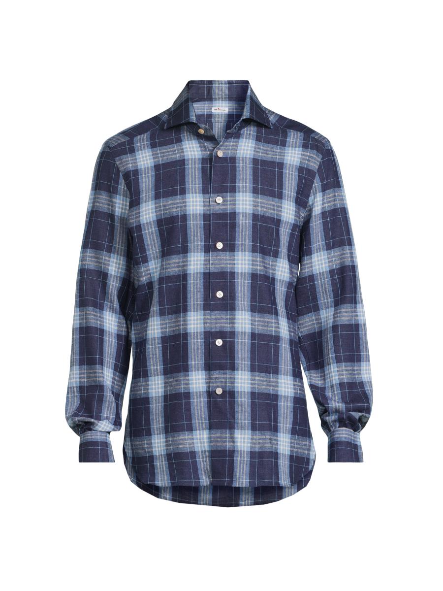 Kiton Men's Large Plaid Linen-blend Shirt In Blue