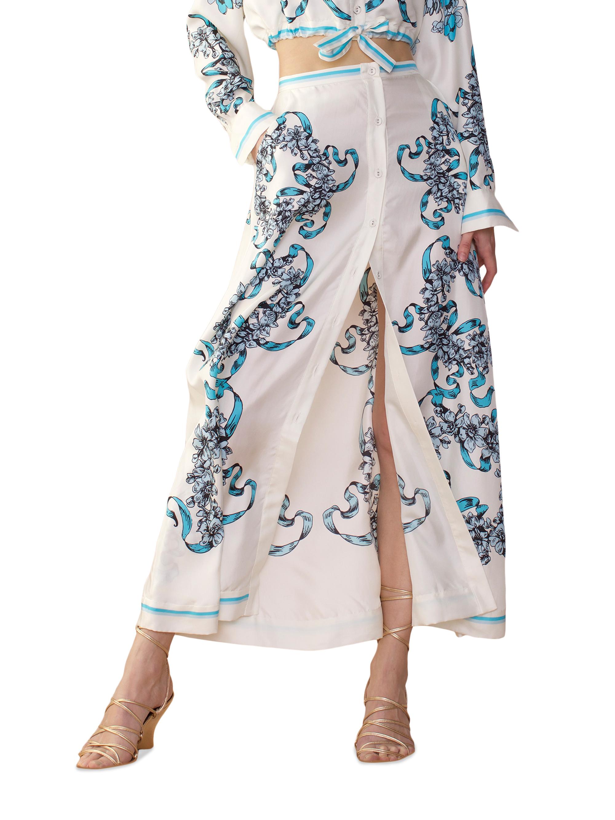 Cynthia Rowley Women's Floral Silk A-Line Maxi Skirt - White Blue