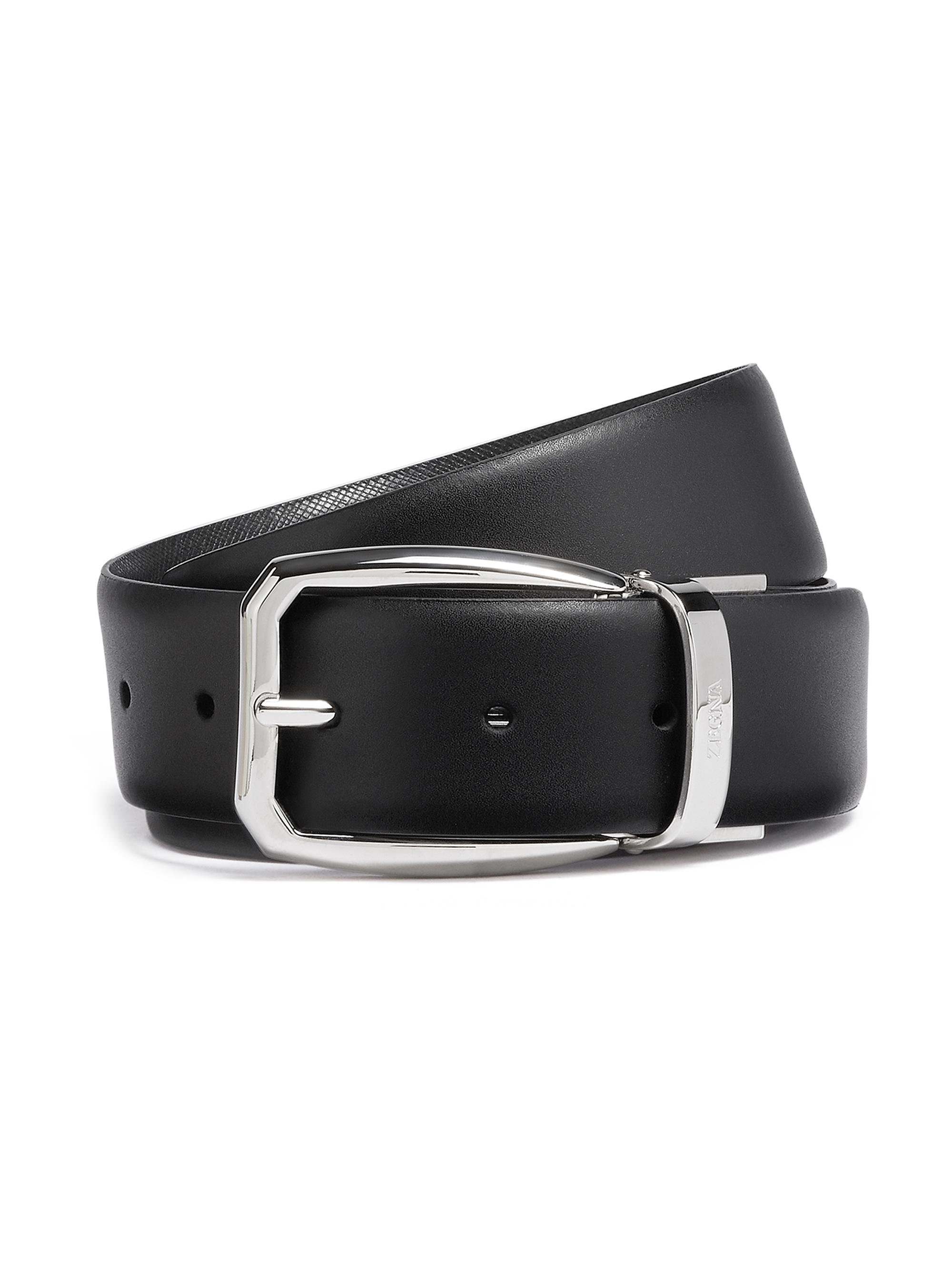 ZEGNA Men's Leather and Batavia Engraved Leather Reversible Belt - Black