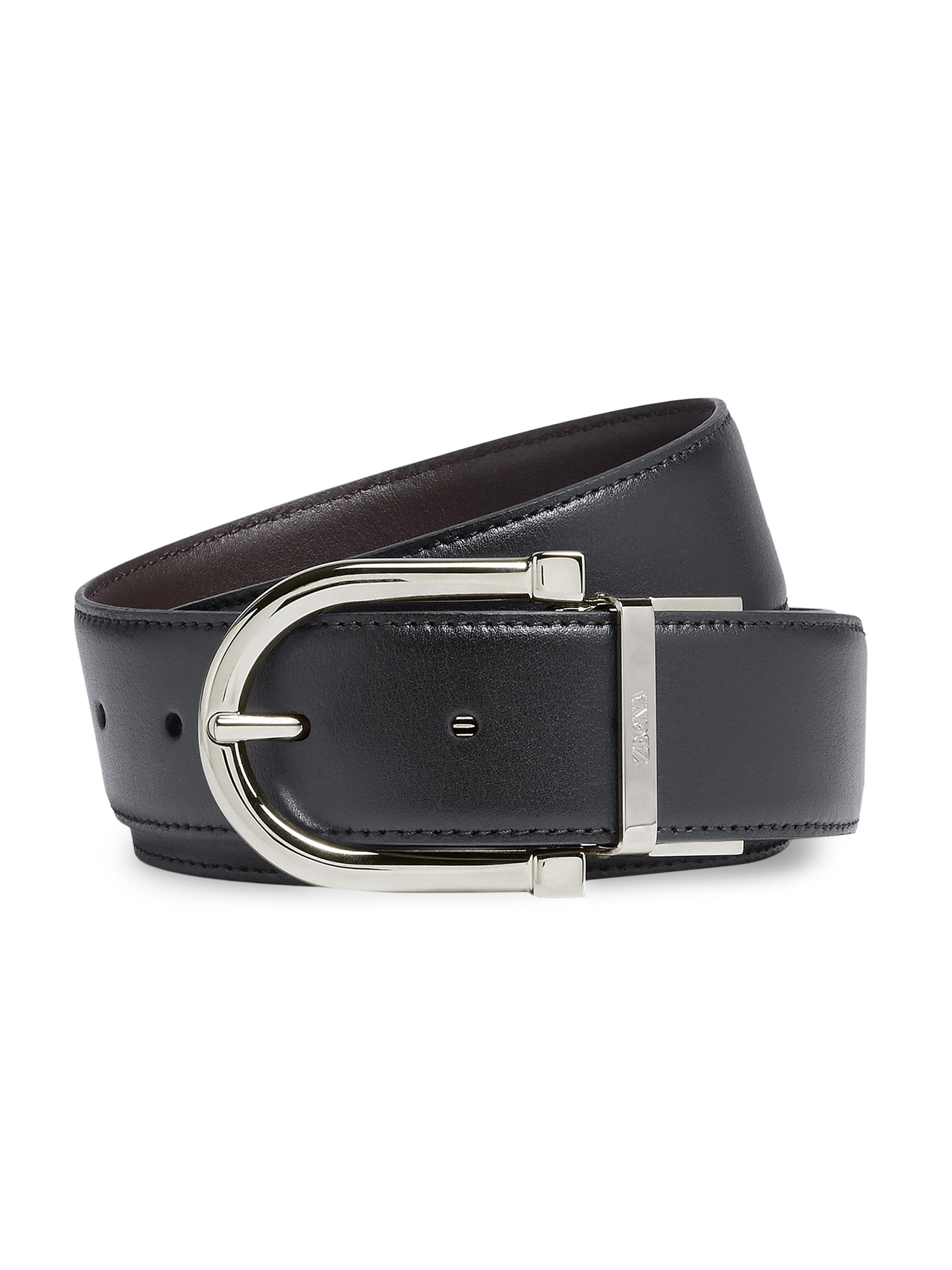 ZEGNA Men's Smooth Leather Reversible Belt - Black Dark Brown