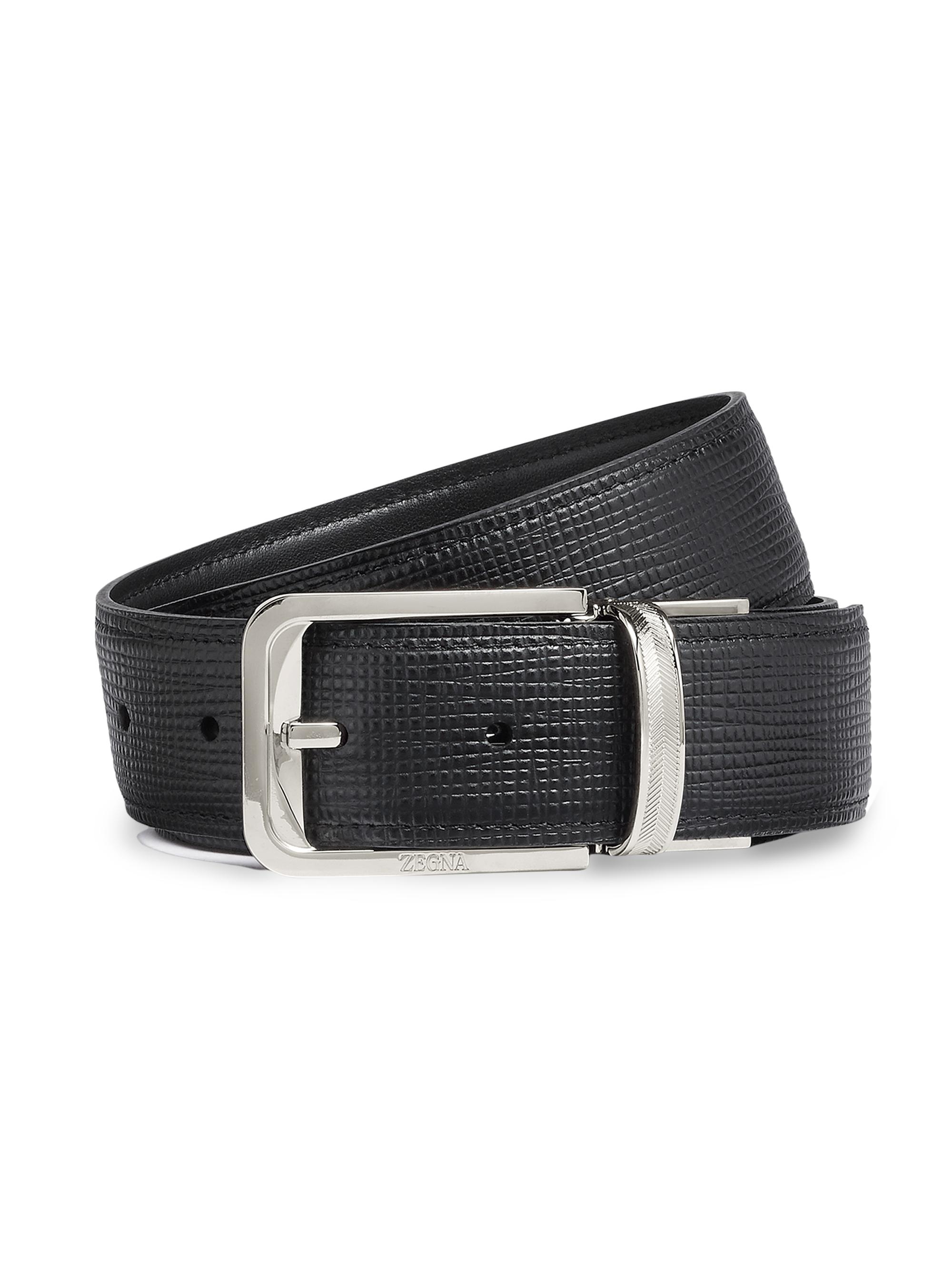 ZEGNA Men's Paglia Engraved Leather and Reversible Belt - Black