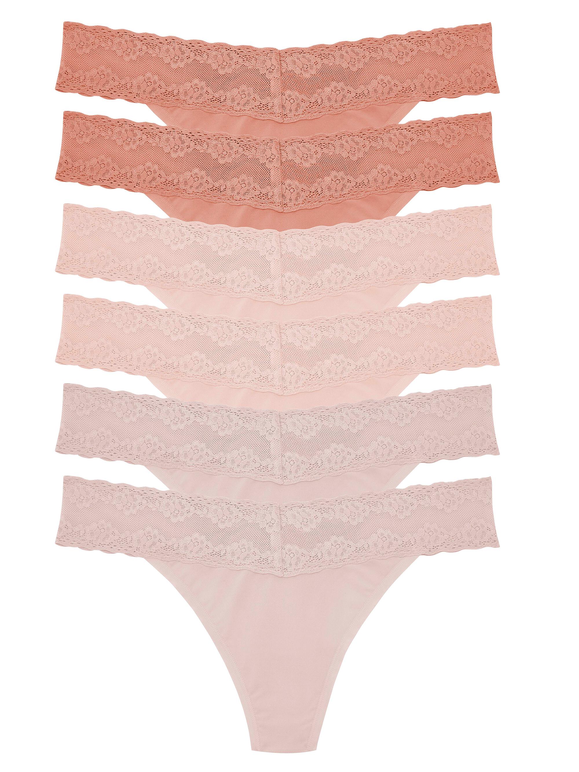 Natori Women's Bliss Perfection Lace Trim One Size Thong 6-Pack - Rose Beige Cameo Rose Frose