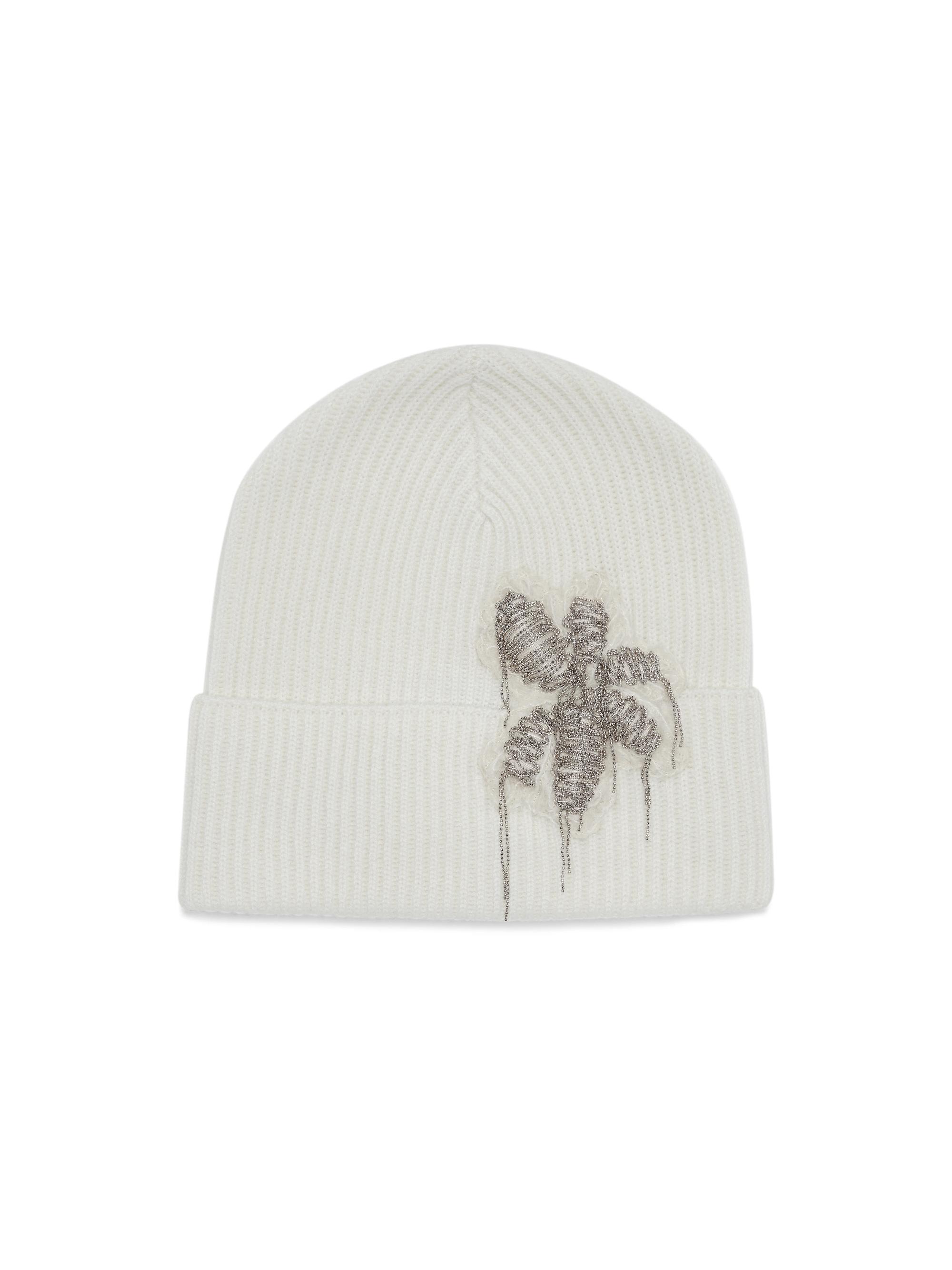 Brunello Cucinelli Women's Cashmere Rib Knit Beanie with Precious Flower Crest - White