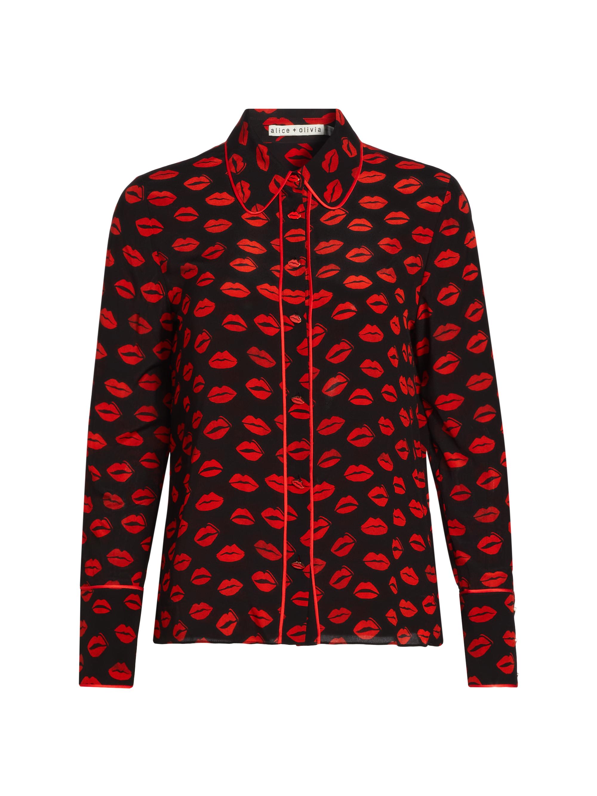 Alice + Olivia Women's Willa Contrast Piping Silk Blouse - Kiss Kiss Black Bright Ruby