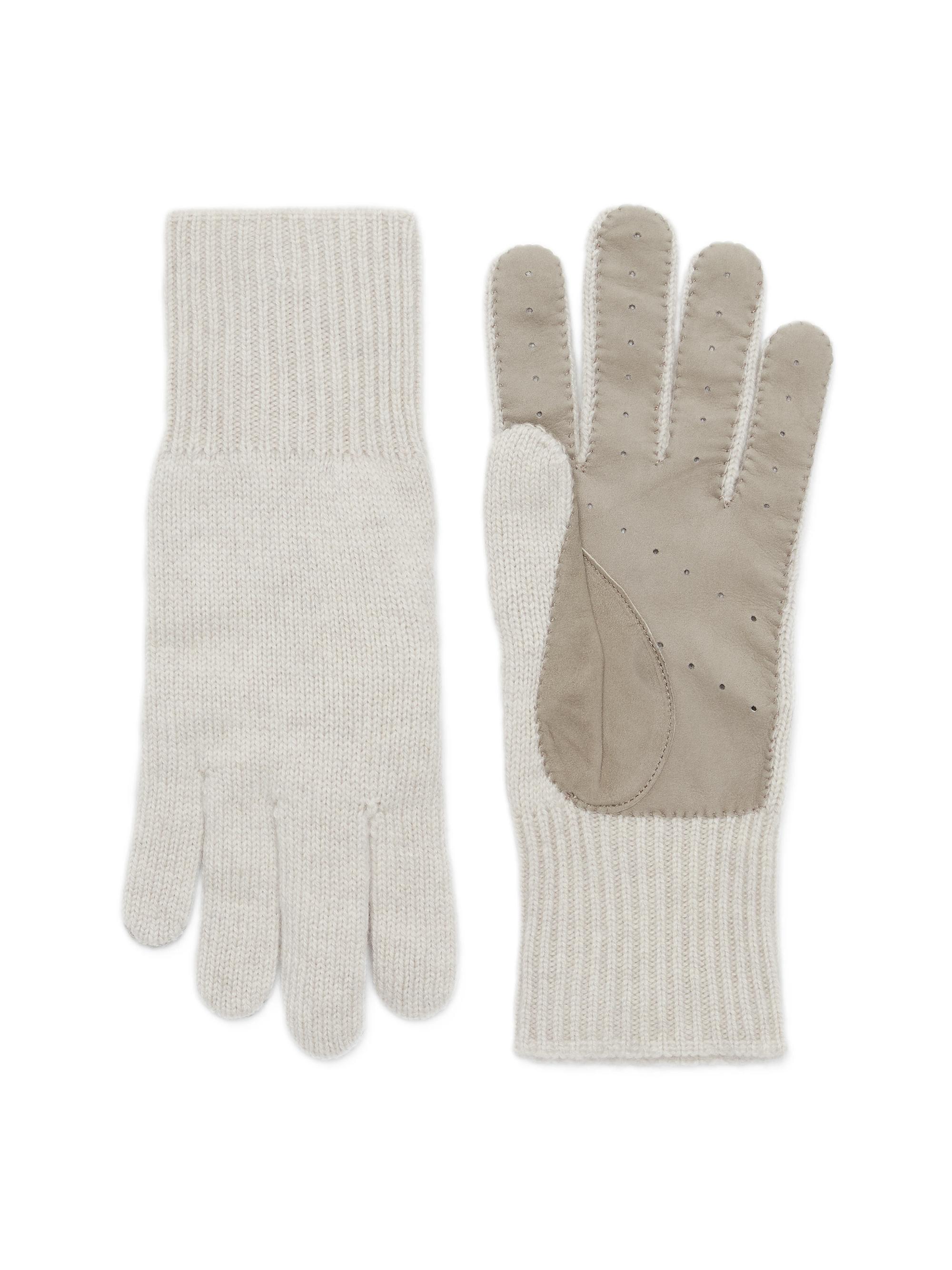 Brunello Cucinelli Men's Cashmere Knit Gloves with Suede Palm - Stone Grey