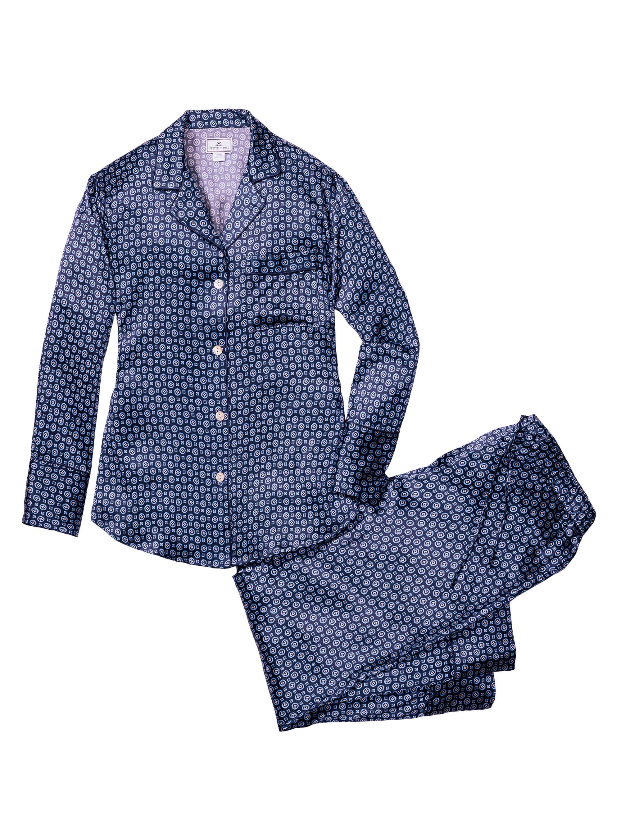 Petite Plume Midnight Foulard Silk 2-Piece Pajama Set - Navy