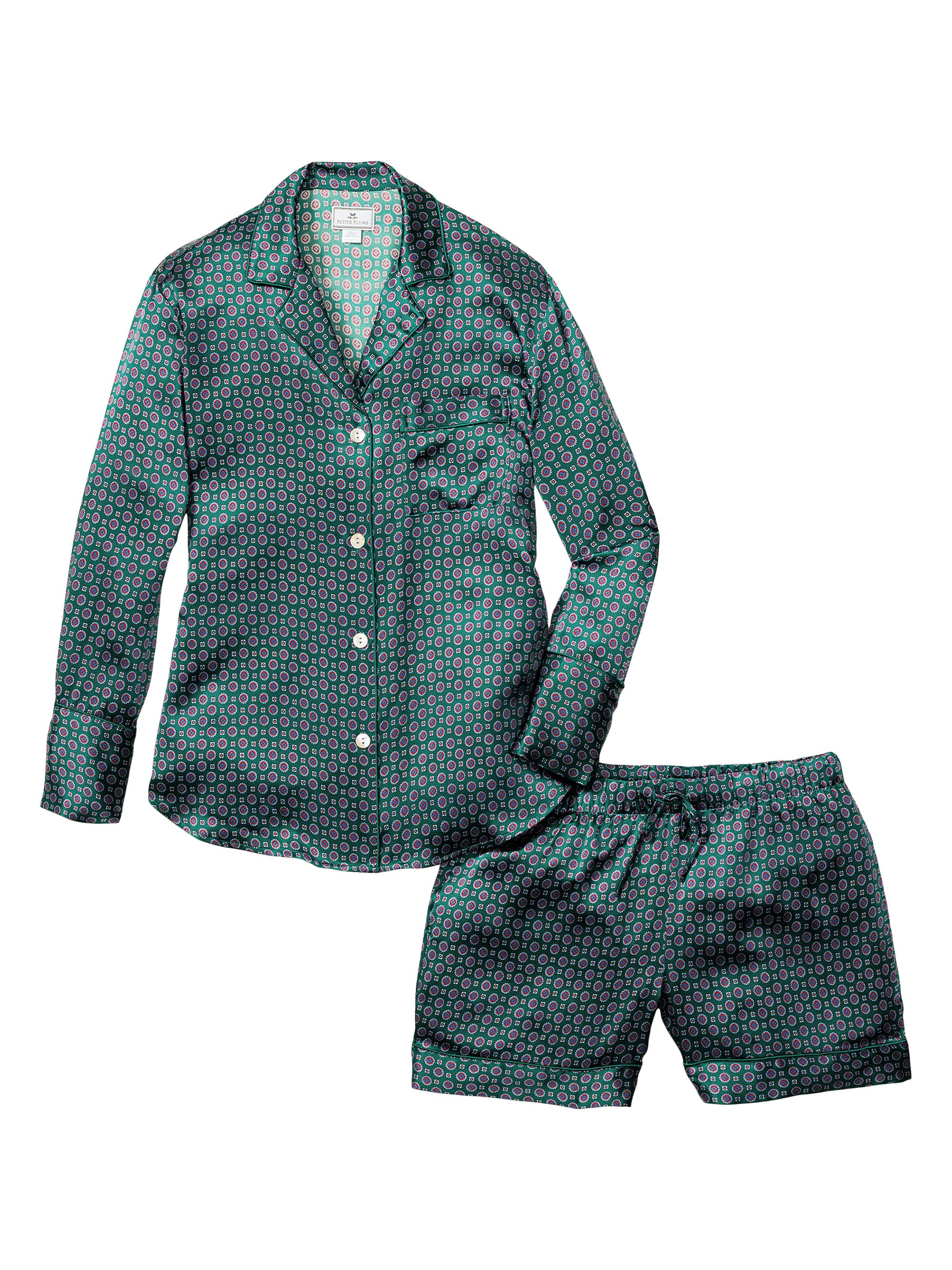 Petite Plume Mulberry Silk Foulard Long-Sleeve Shirt & Shorts Pajama Set - Green
