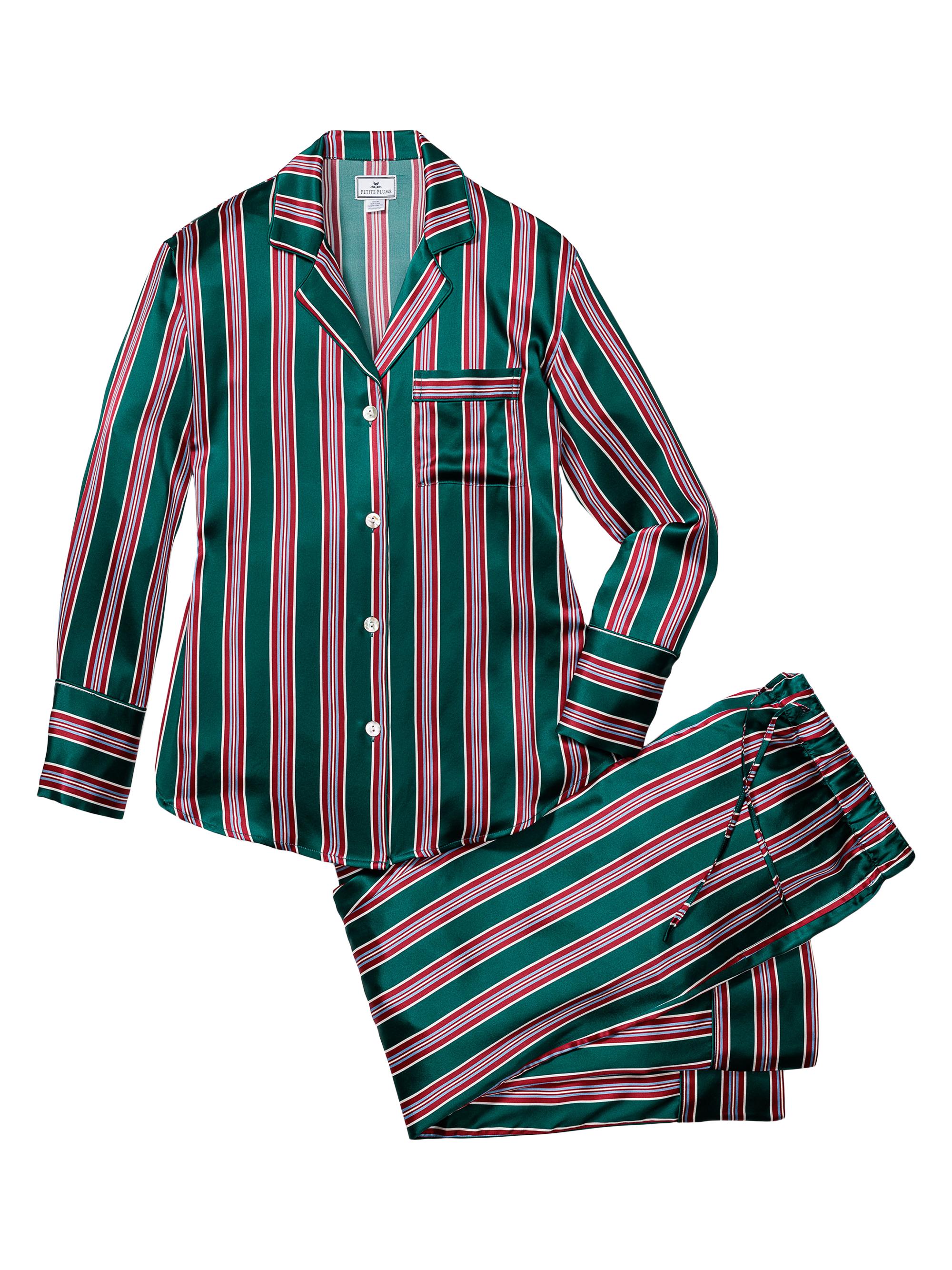 Petite Plume Lancaster Silk Stripe 2-Piece Pajama Set - Green