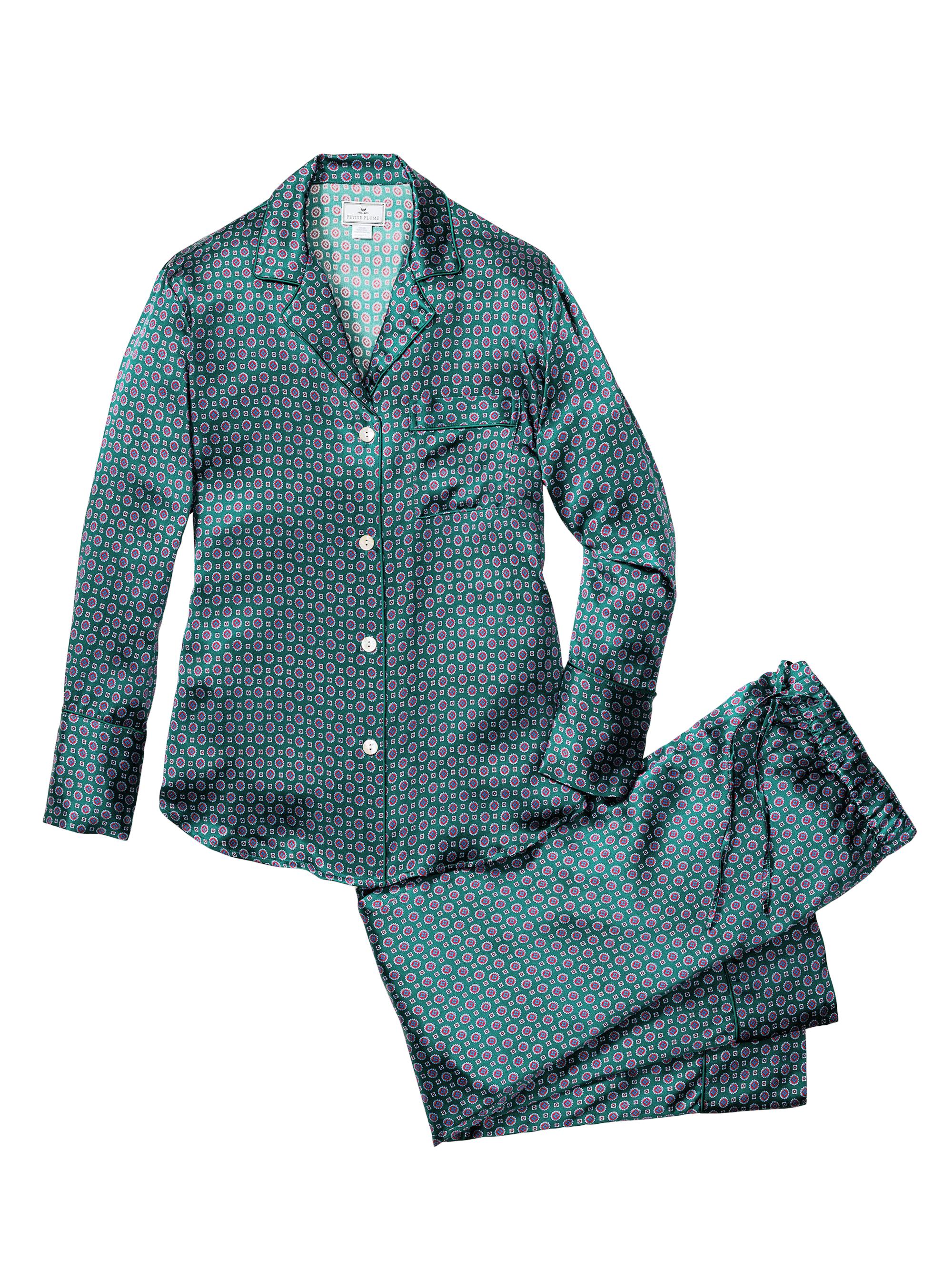 Petite Plume Geometric Silk Foulard Pajamas - Green