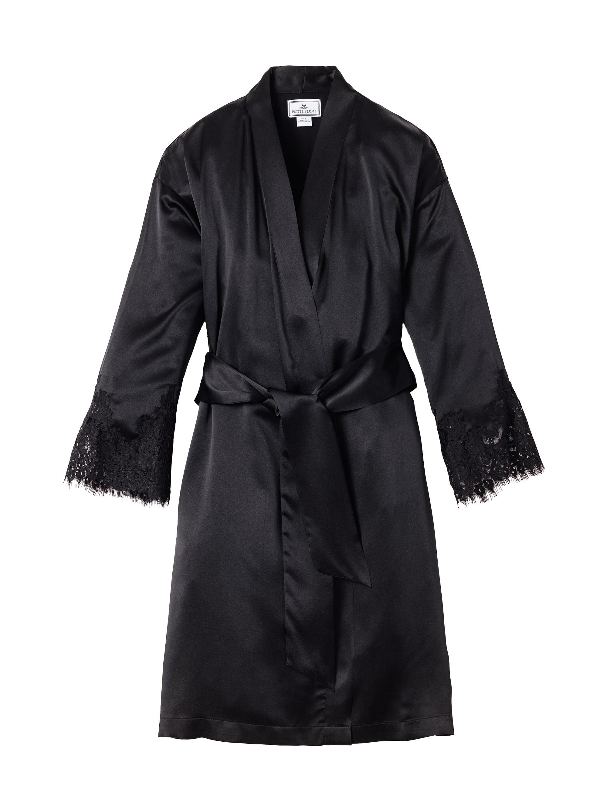 Petite Plume Women's Mulberry Silk & Lace Robe - Black